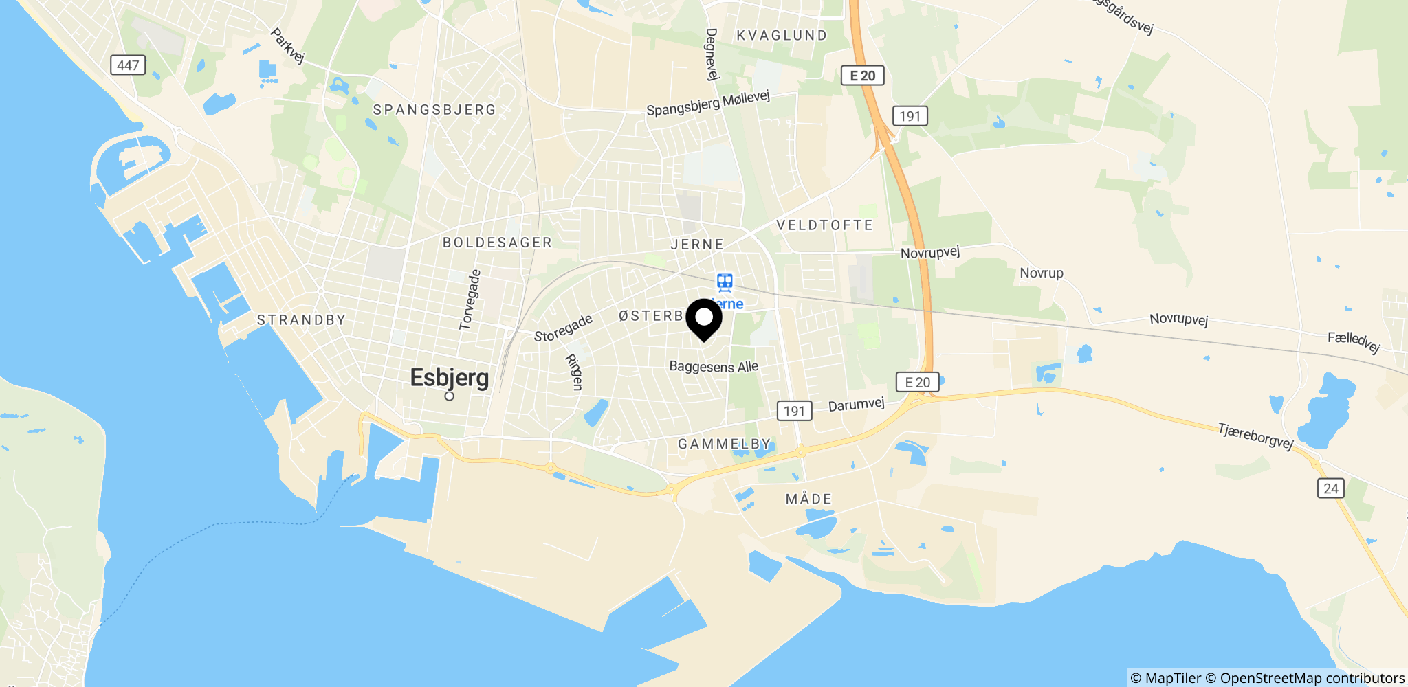 Området omkring Esbjerg med markering af SPAR-butikken, hvor røveriet fandt sted
