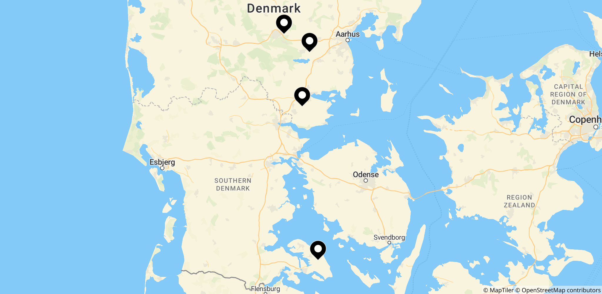 Kort over Danmark der viser Hedensted, Silkeborg, Skanderborg og Sønderborg som eksempler på geografisk skævhed i boligskat
