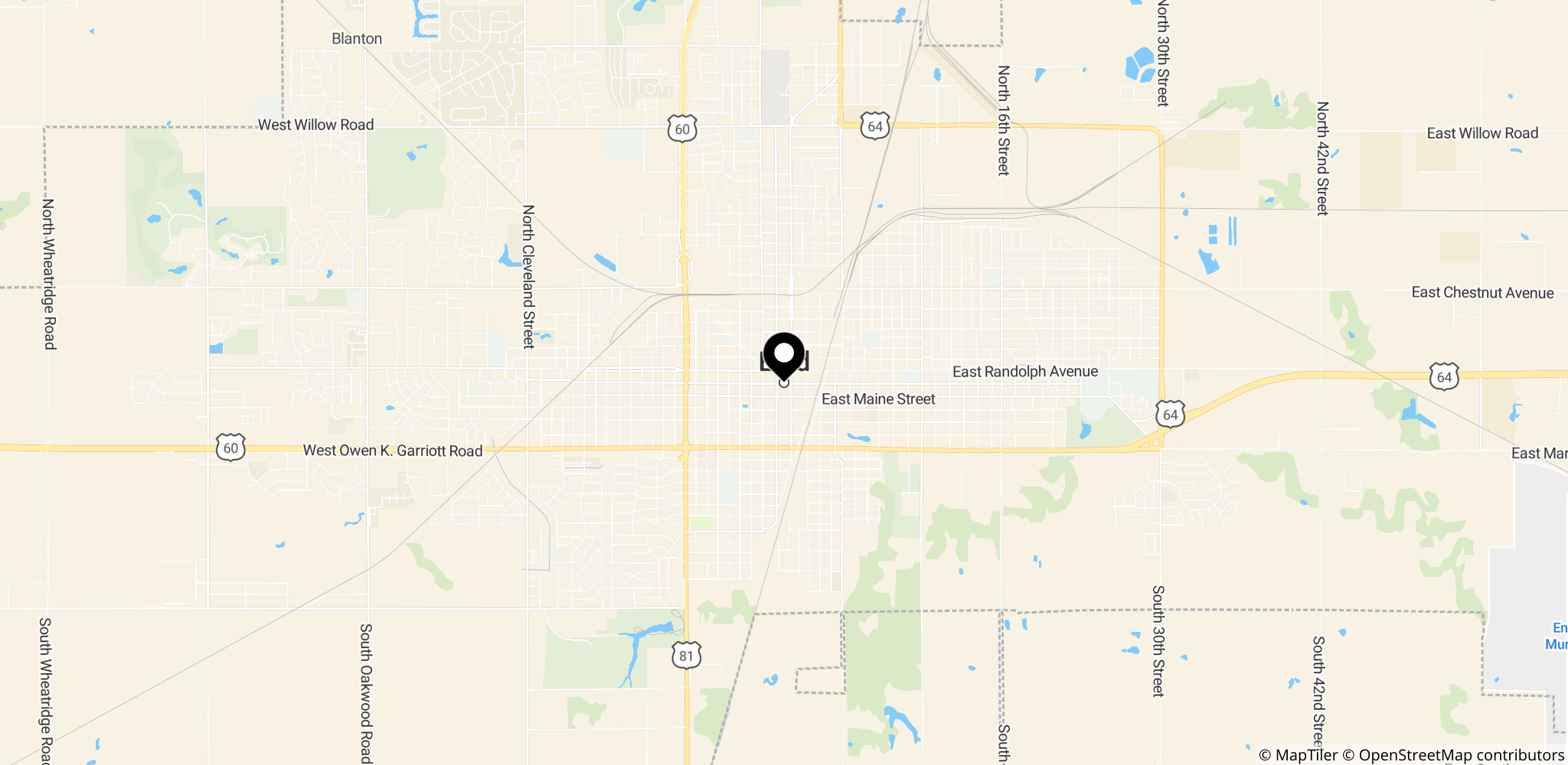 Kort over Enid i det nordlige Oklahoma, hvor tornadoen ramte byen og omegn