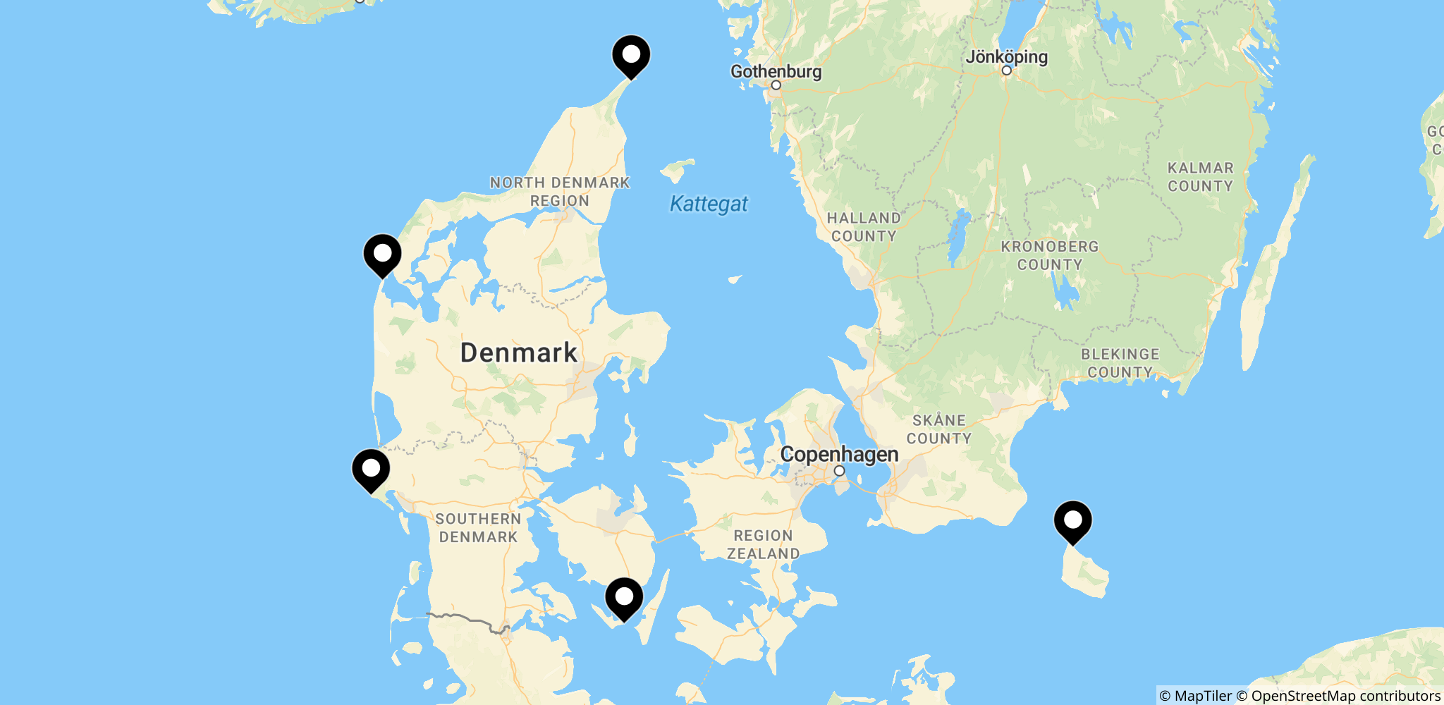 Kort over Skagen og de øvrige feriebyer nævnt i analysen, der viser placeringen af parceller/boliger ejet af personer fra andre kommuner.