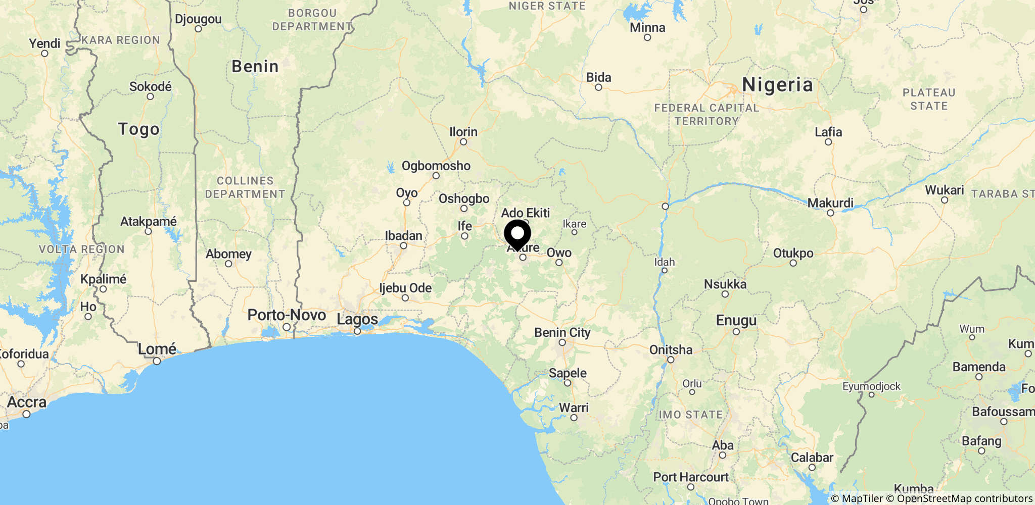 Kort, der viser Niger-Delta-regionen i Nigeria og dens forbindelse til sagens baggrund