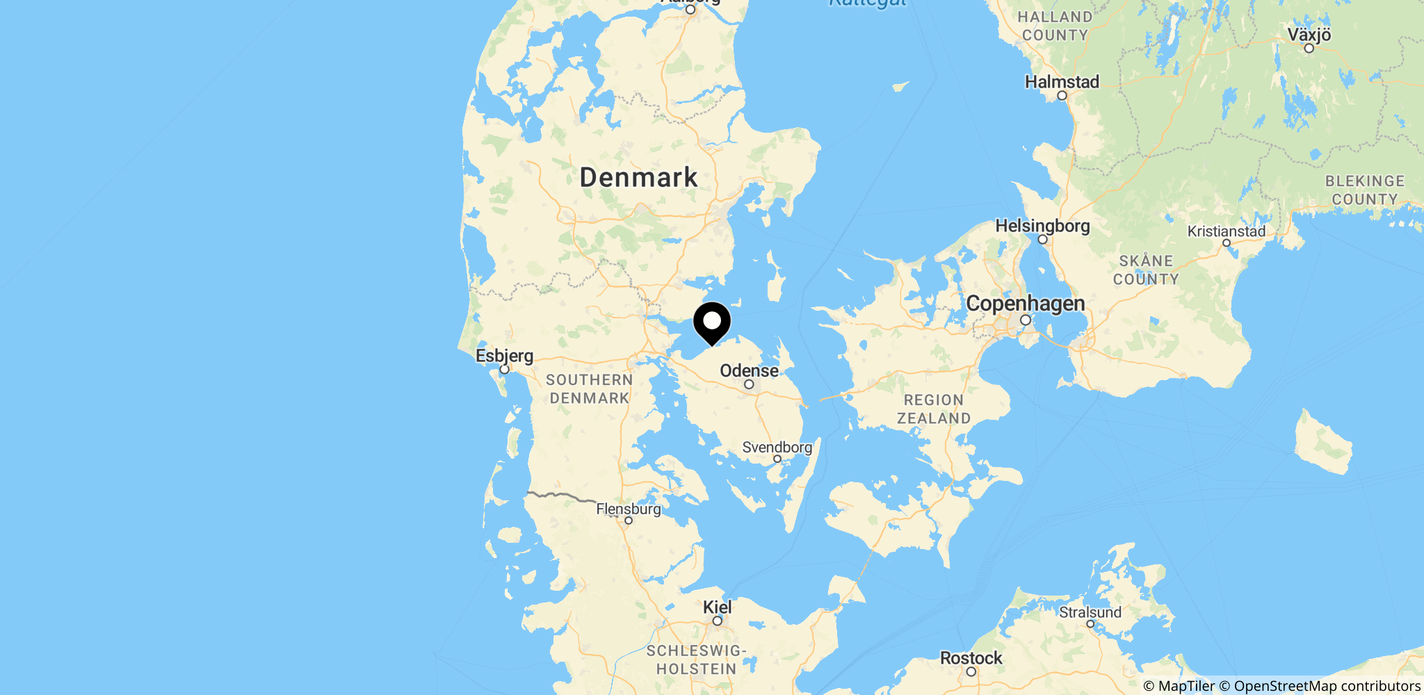 Området omkring Bogense i Nordfyns Kommune, Danmark, hvor Bertha forsvandt