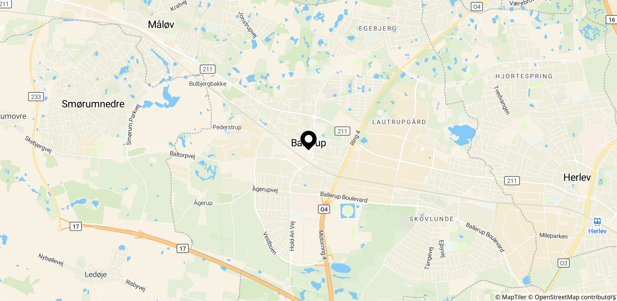 Kort over Ballerup-området, der viser stedet for skudepisode ved huset i Ballerup