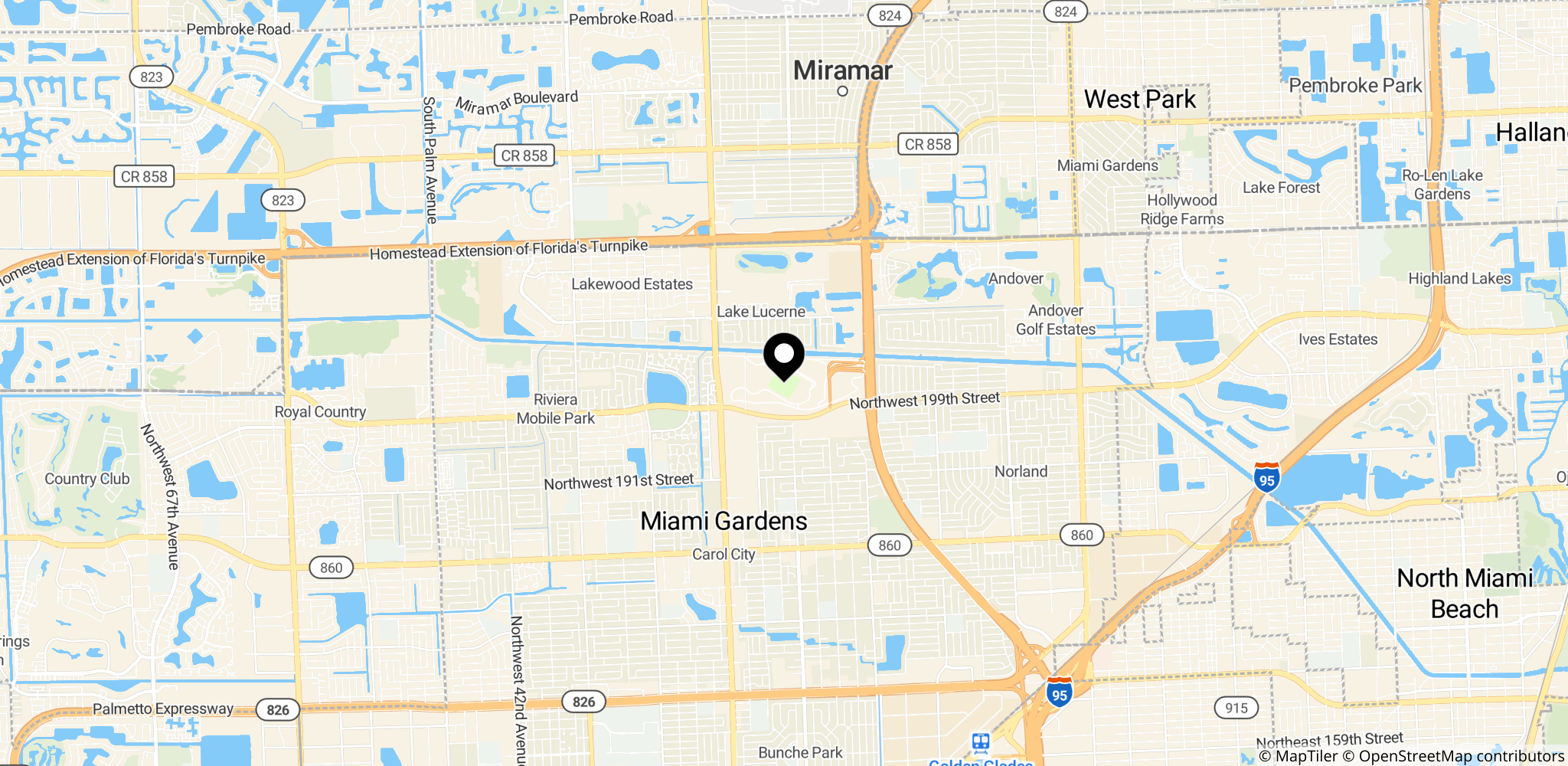 Placering af Hard Rock Stadium i Miami Gardens, Florida, hvor bronzekampen mellem England og Frankrig afvikles.