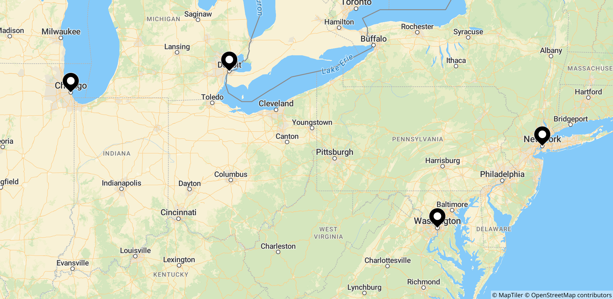 Kort over Detroit, Chicago, New York og Washington, D.C. i USA, samt regionen omkring Ontario i Canada, der er ramt af røg fra kanadiske skovbrande.