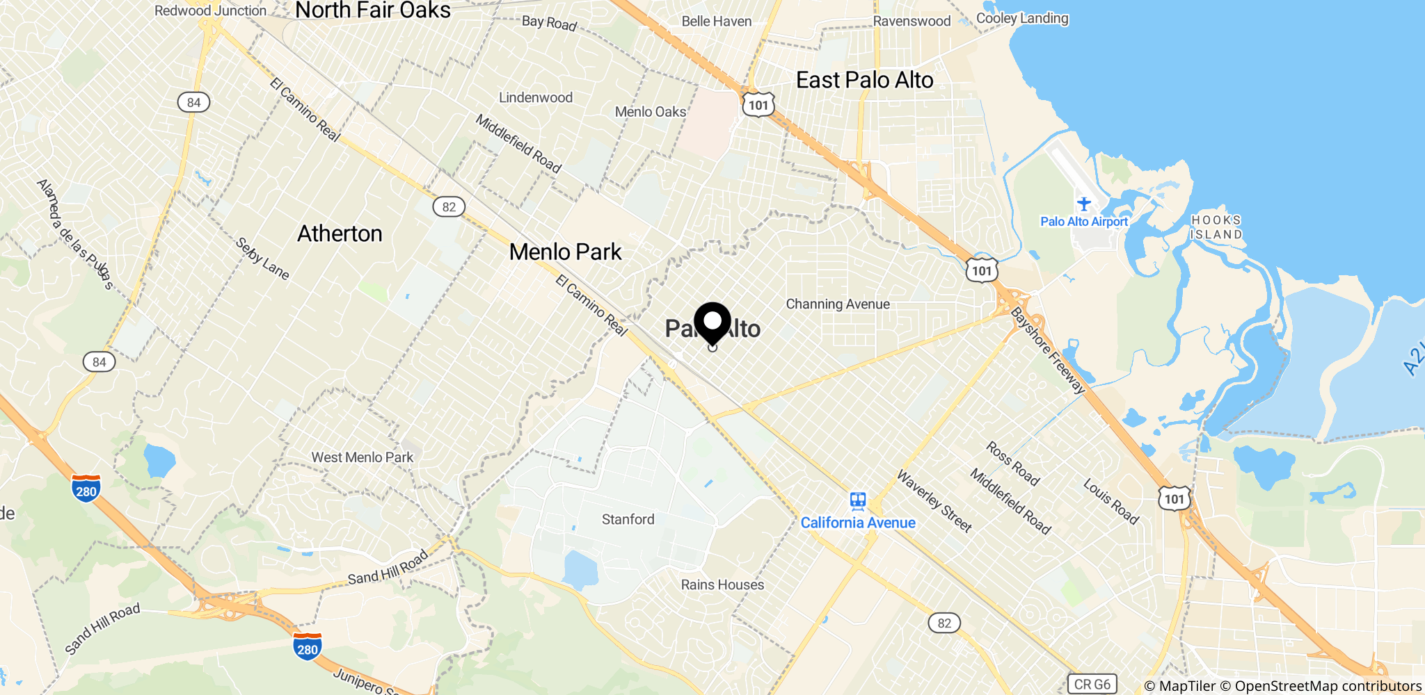 Palo Alto i Californien, USA — et centralt sted i Silicon Valley og Palantirs amerikanske forretningsbase