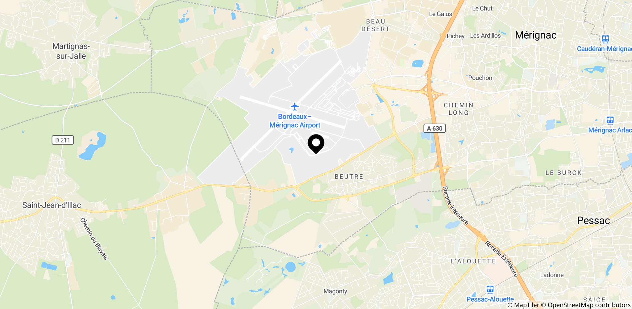 Området omkring Bordeaux-Mérignac-lufthavnen i Mérignac, Frankrig, hvor branden begyndte og spredte sig