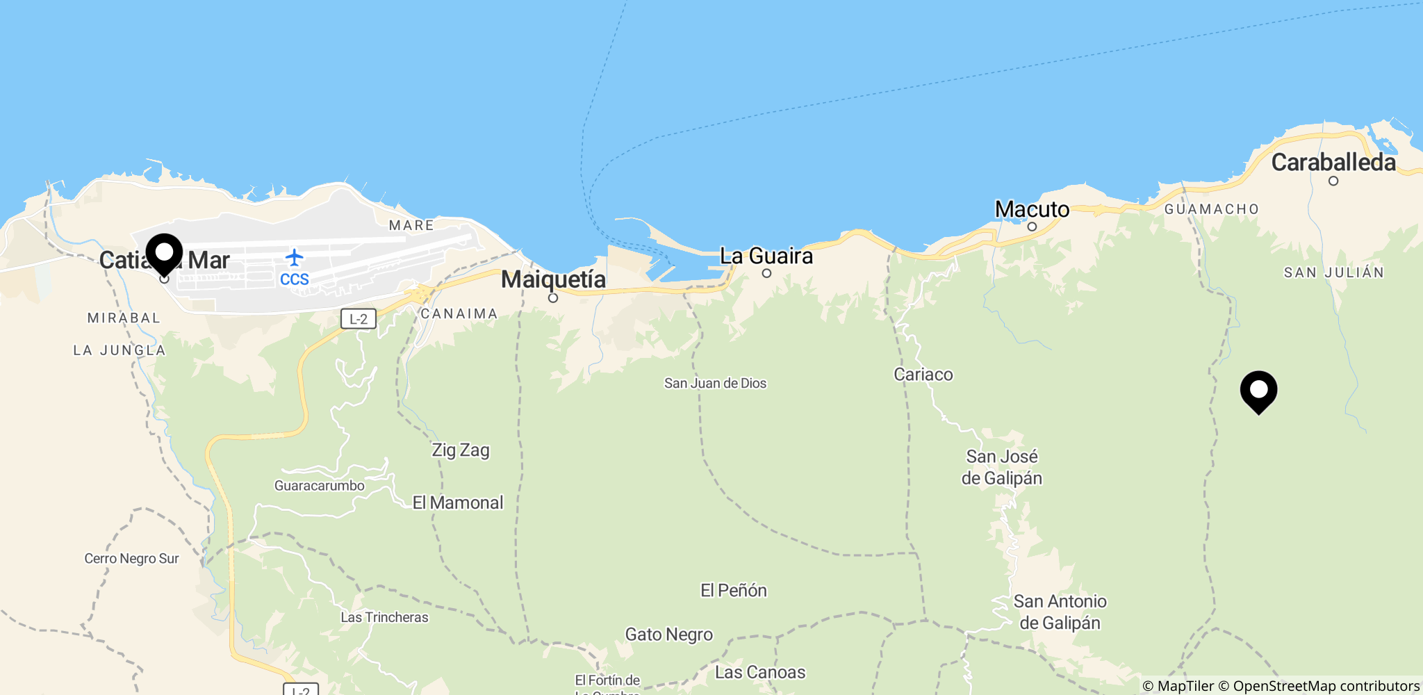 Kort over La Guaira og Catia La Mar langs Venezuelas nordkyst, ramt af jordskælvet den 24. juni 2026
