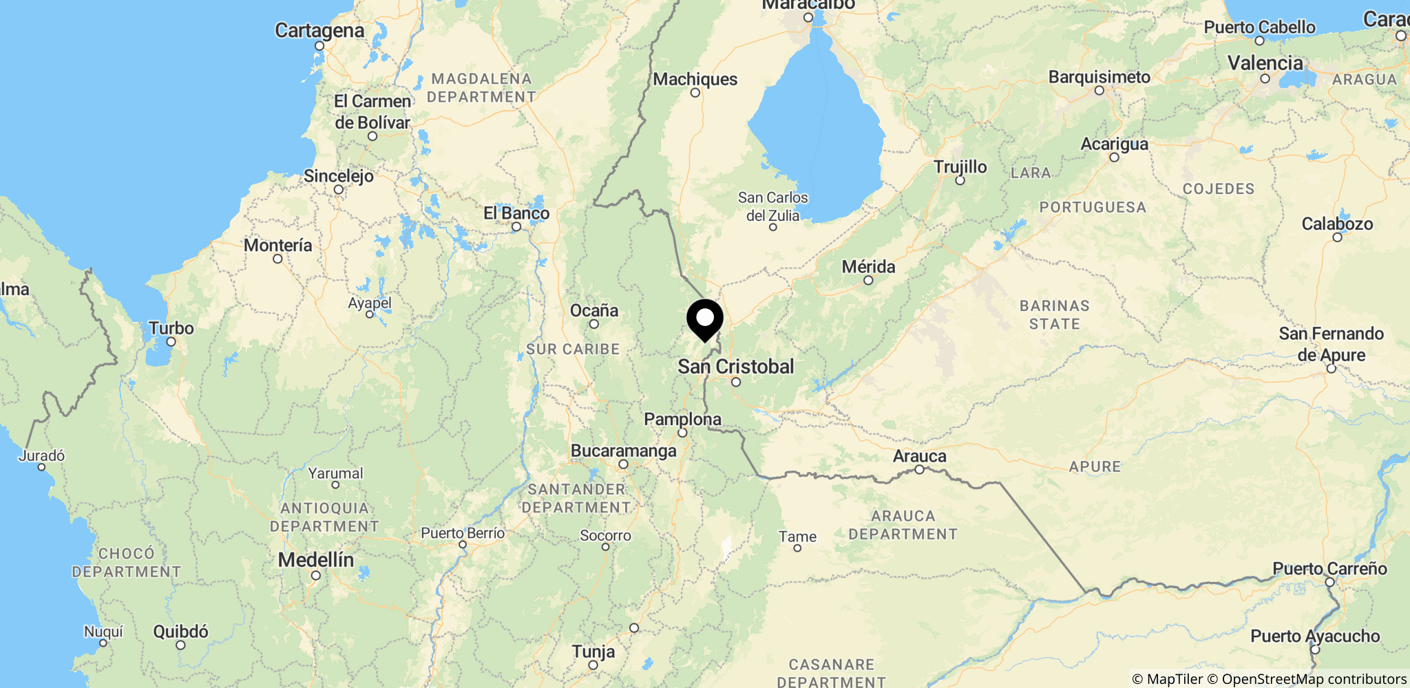 Grænsen mellem Colombia og Venezuela omkring Cúcuta-området, der illustrerer den lange fælles grænse.