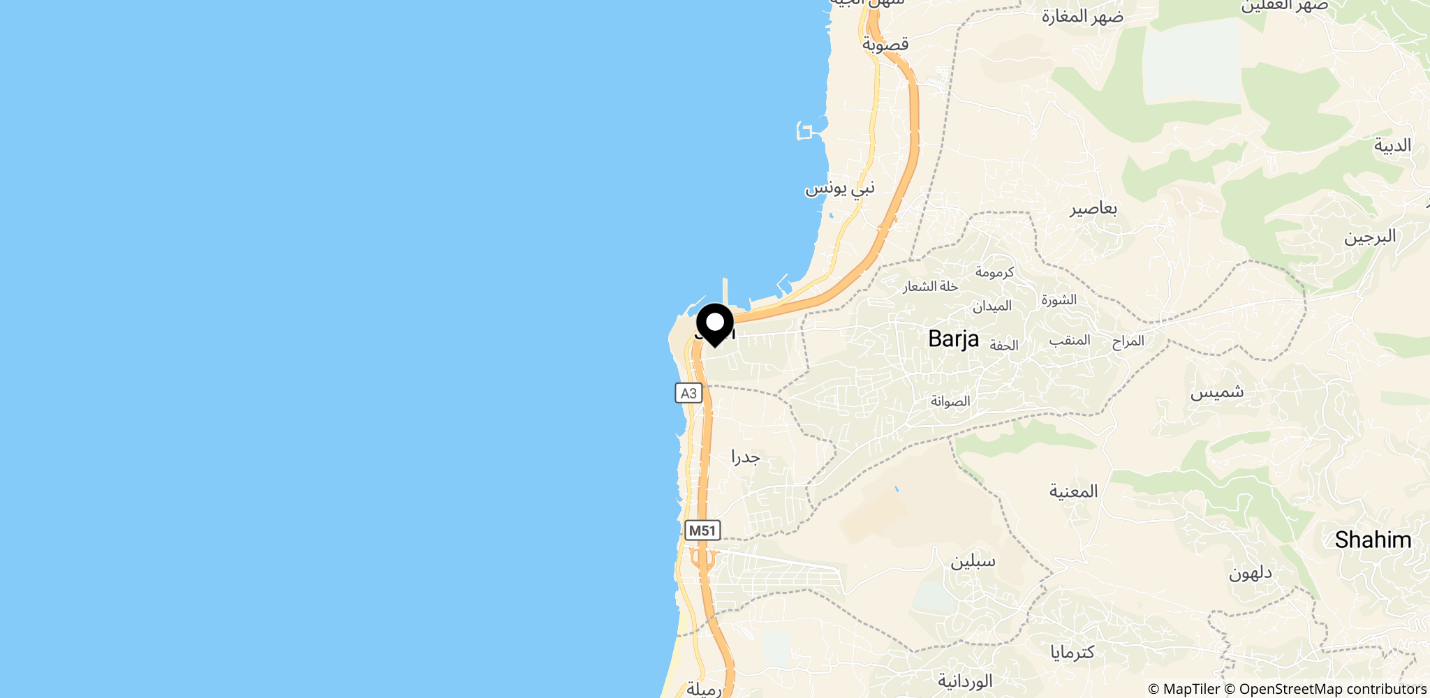 Jiyeh i Libanon tæt syd for Beirut, et af stederne nævnt i artiklen som mål for angreb