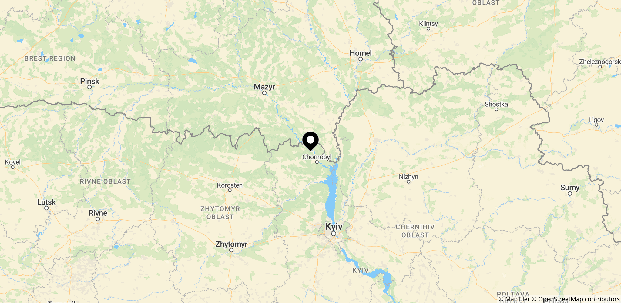 Chernobyl-atomkraftværket ved Tjernobyl (Chornobyl) nord for Kyiv, Ukraine