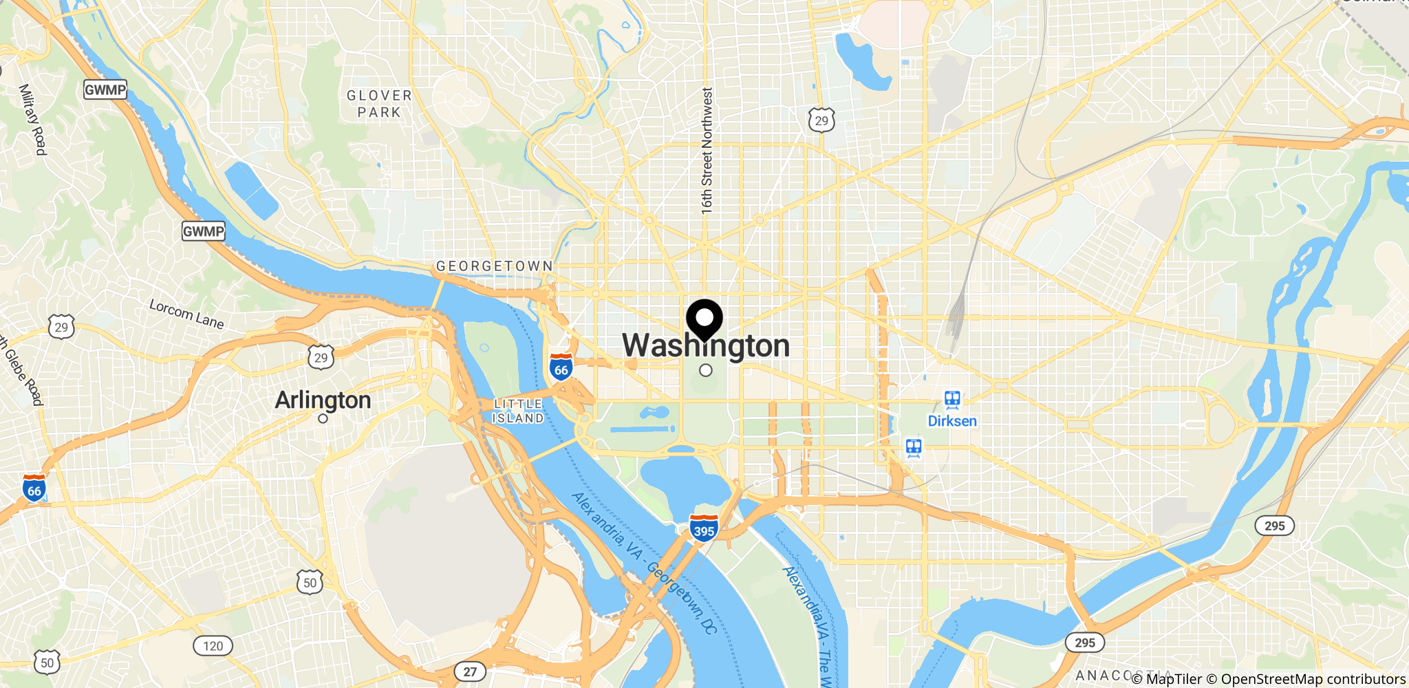 Det Hvide Hus i Washington, DC (1600 Pennsylvania Ave NW) vist som referencepunkt i forhold til korrespondentmiddagen.