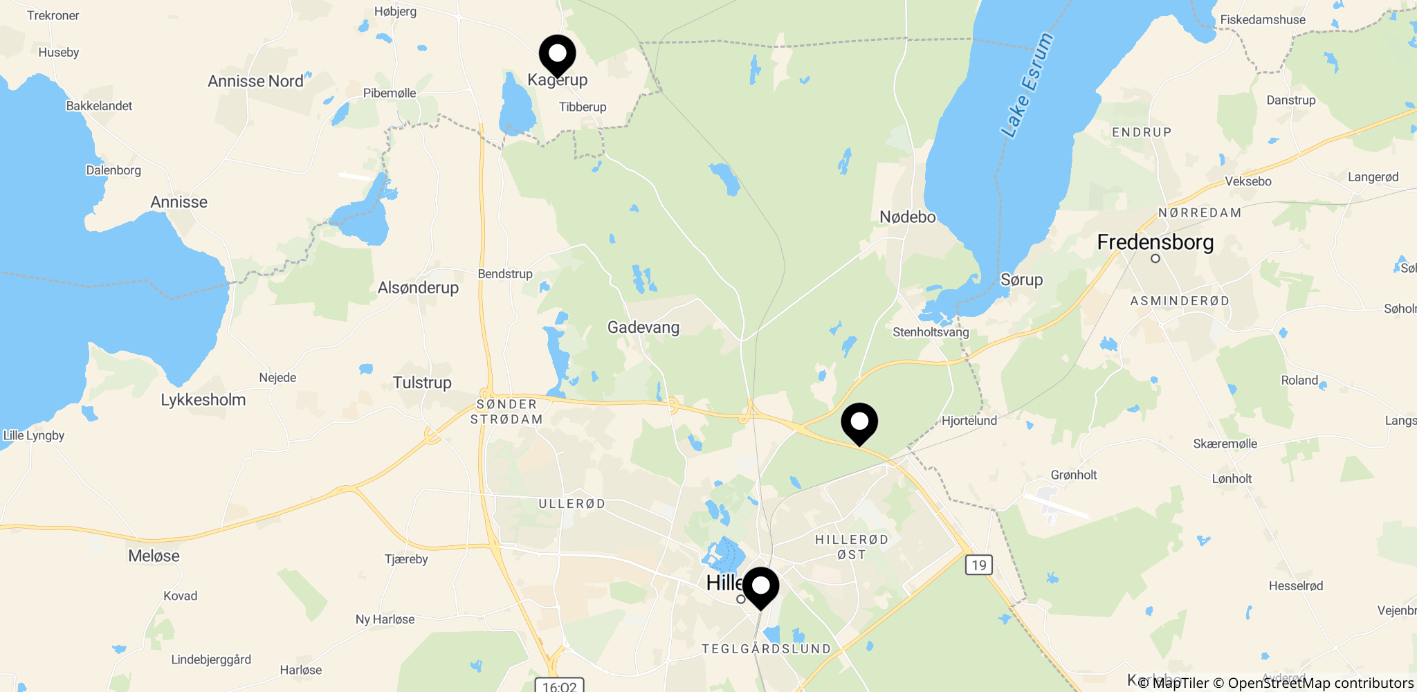 Området omkring togulykken ved Kagerup på Gribskovbanen, med vejene Kildeportvej, Gadeledsvej og Helsingevej omkring stedet.