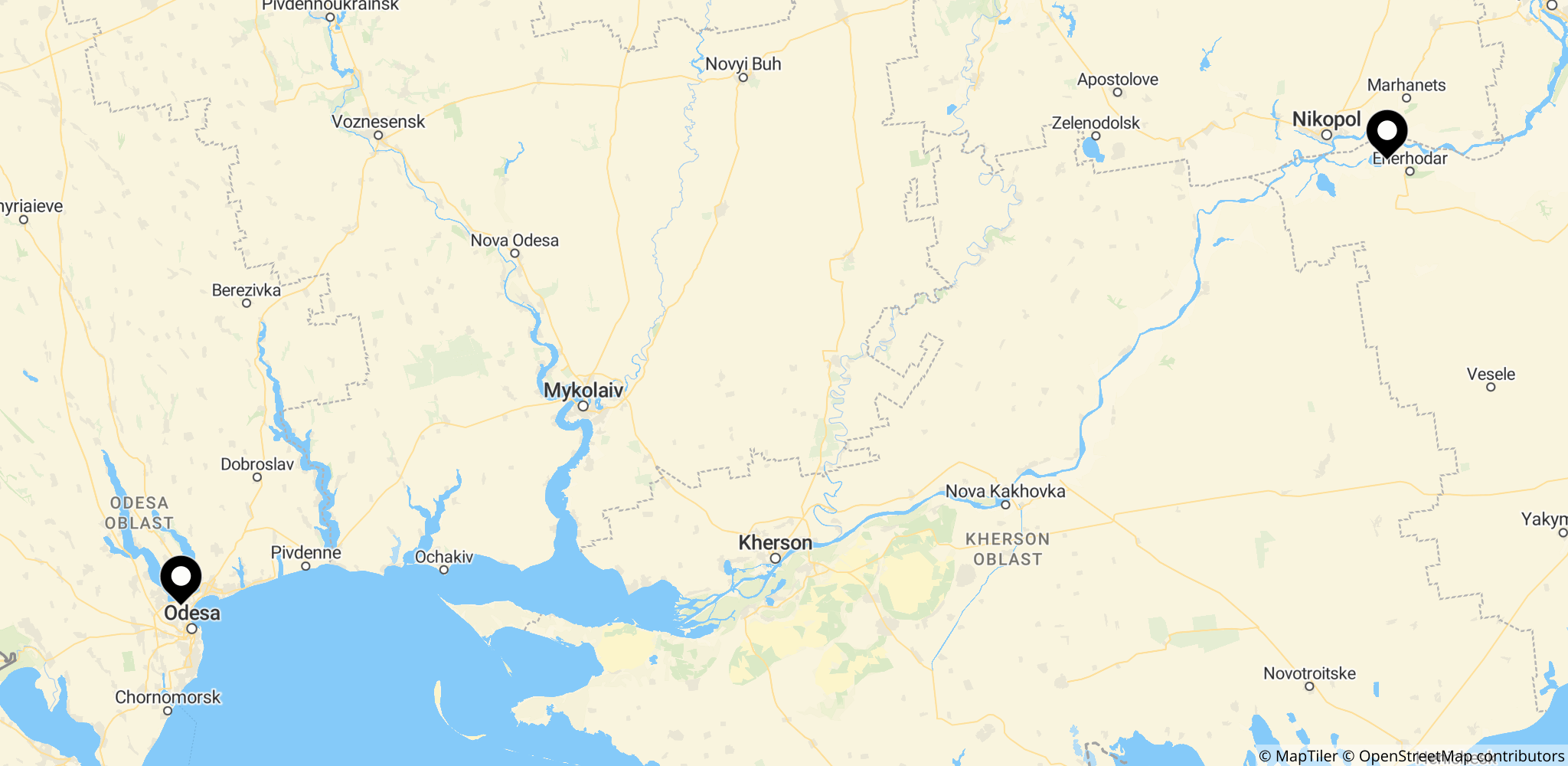 Kort, der viser Odesa havn i Ukraine og Zaporizjzja-værketets område