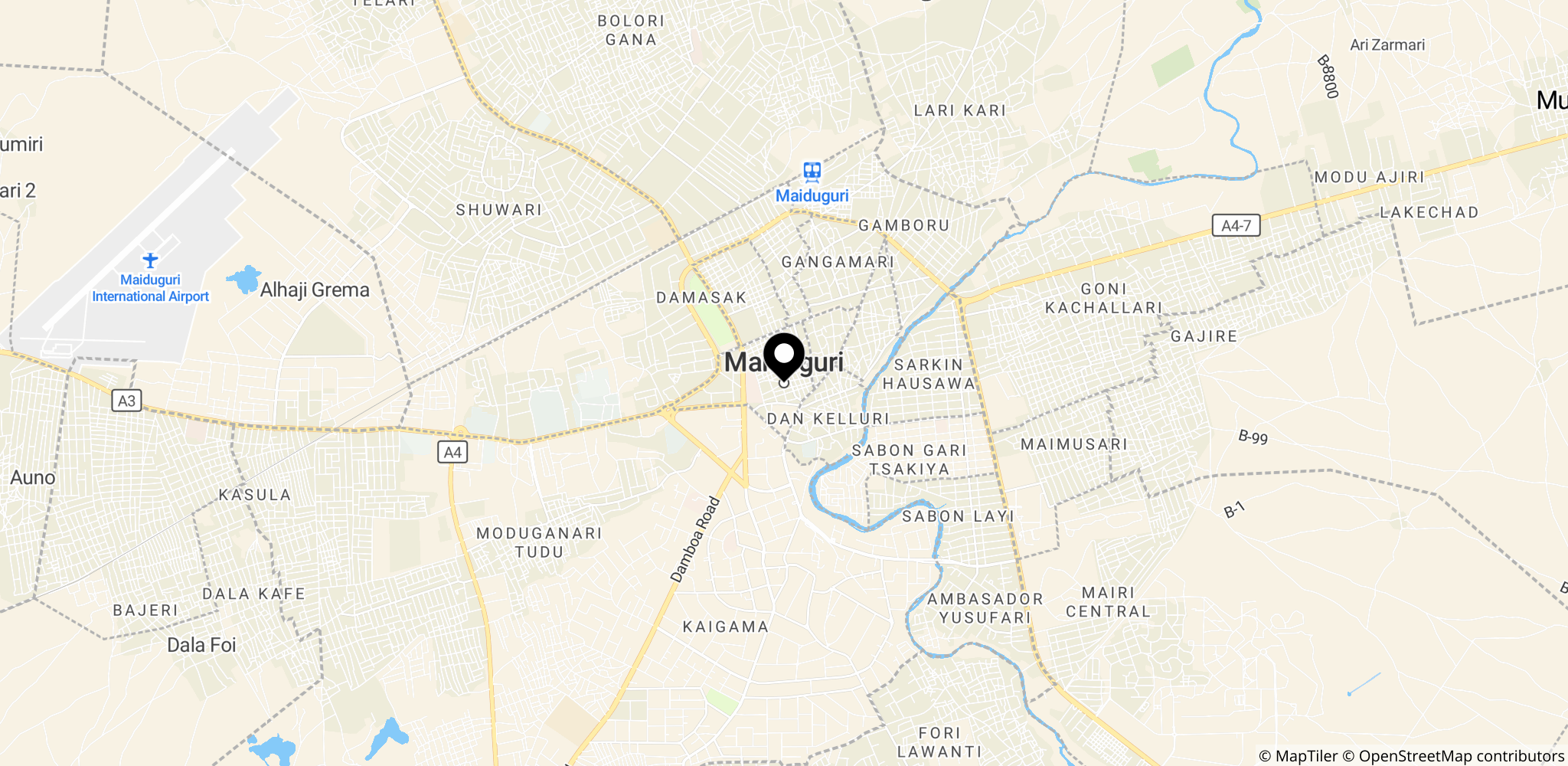 Maiduguri i Borno-staten, Nigeria – en central by og et vigtigt knudepunkt i Nordøst-Nigerias ISWAP-konflikt.