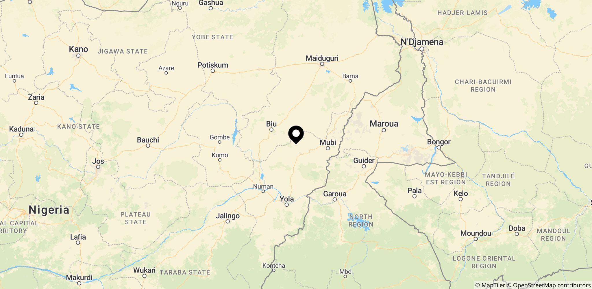 Området omkring landsbyen Guyaku i Gombi-området, Adamawa-staten, Nigeria, hvor angrebet fandt sted