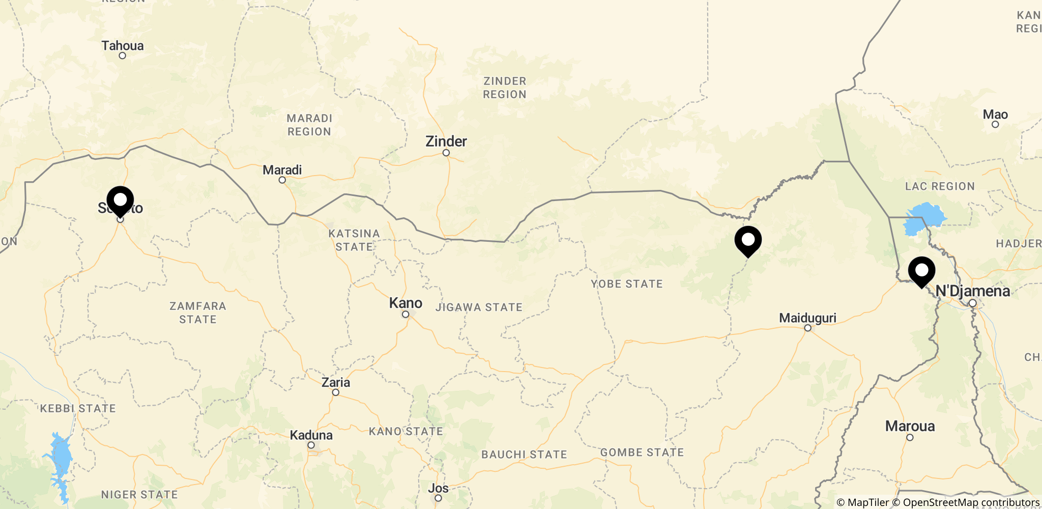 Kort over Jilli-området ved grænsen mellem Borno og Yobe i Nigeria med marker for de relaterede nævnte steder (Rann, Tudun Biri, Sokoto)