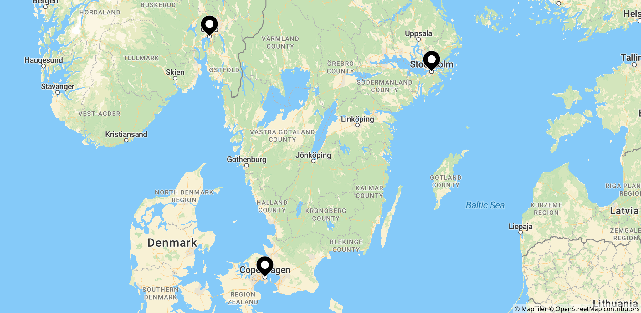 Geografisk oversigt over Nordiske Mediers nordiske markeder: København (Danmark), Oslo (Norge) og Stockholm (Sverige).