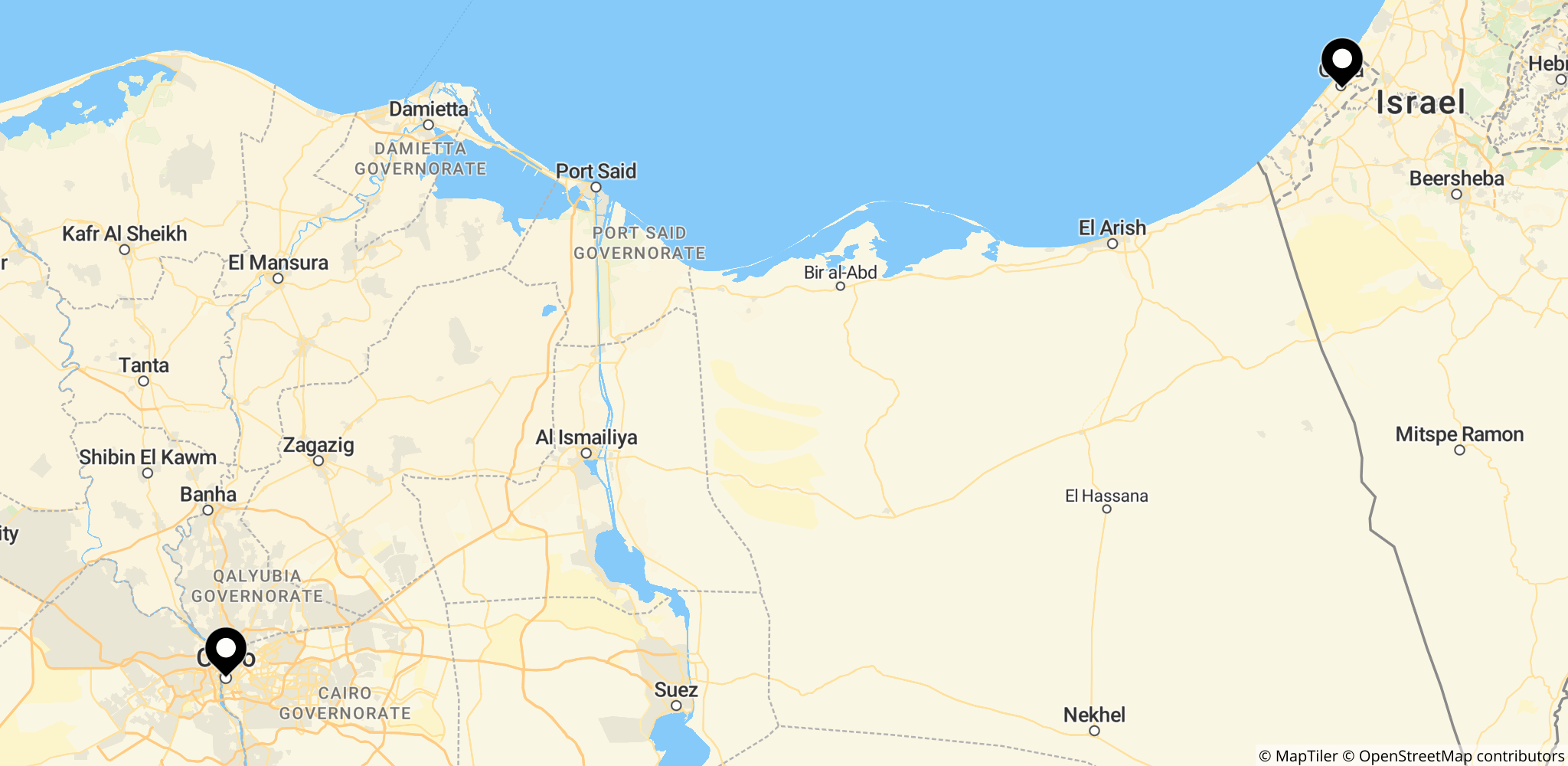 Kort over Gaza og Cairo i forhold til den aktuelle våbenhvile og afvæbningsplanen