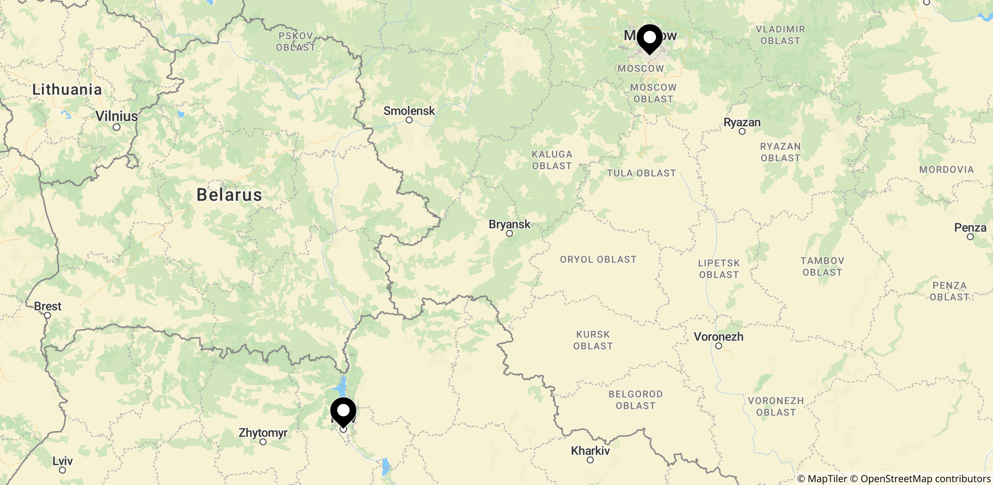 Kort der viser placeringen af Ukraine (Kyiv) og Rusland (Moscow) i en europæisk sikkerhedskontekst