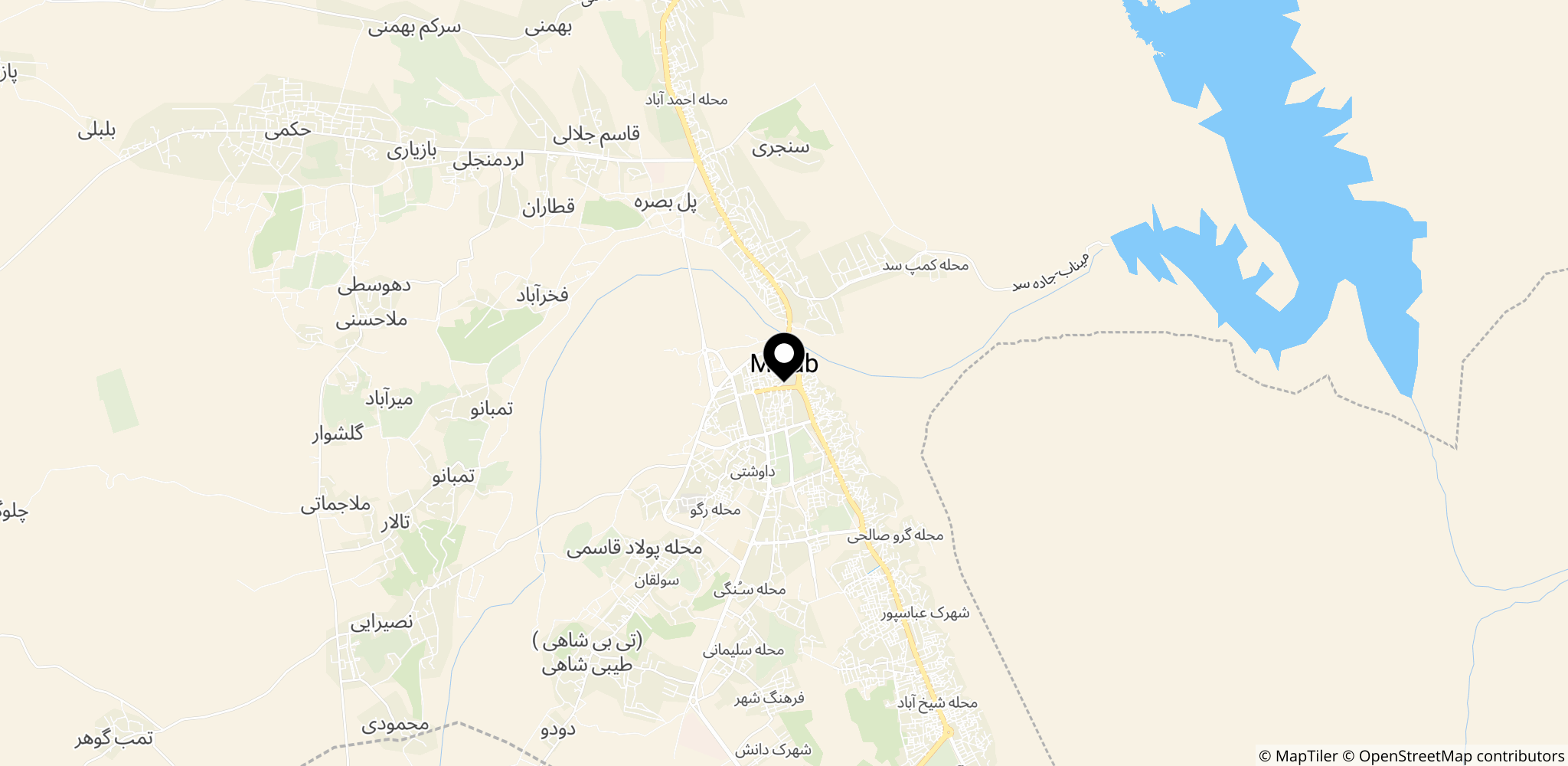 Området omkring Minab i Iran, hvor missilangrebet mod en skole fandt sted den 28. februar 2026.