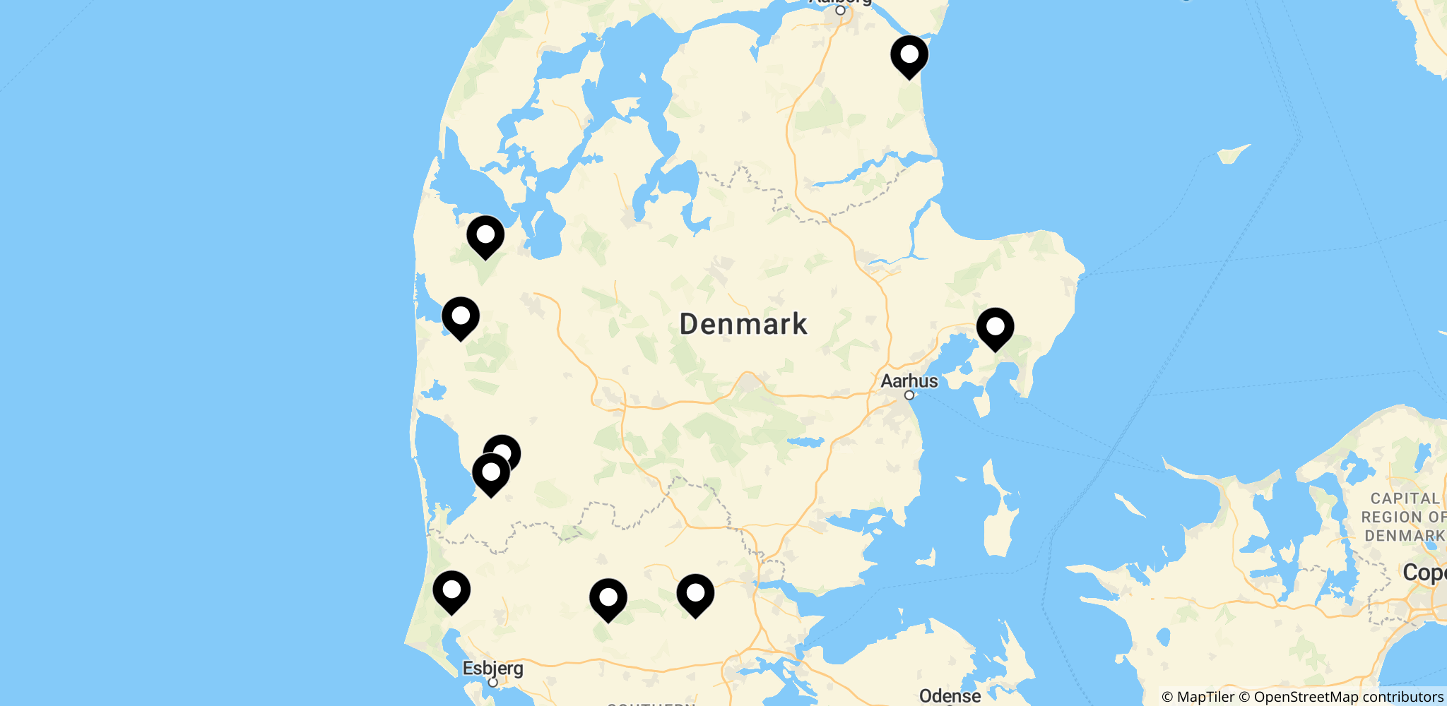 Kort over Egtved og omkringliggende steder i Jylland, hvor ulveaktivitet er observeret eller mistænkt