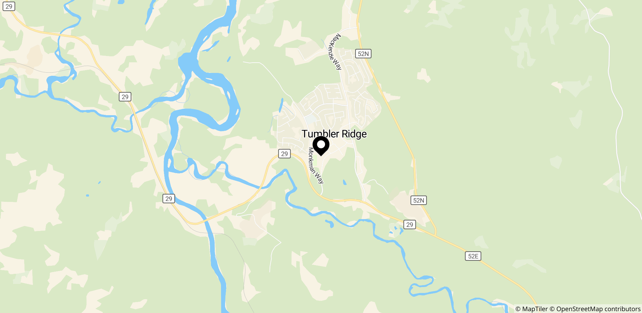 Placeringen af Tumbler Ridge Secondary School i Tumbler Ridge, British Columbia, Canada