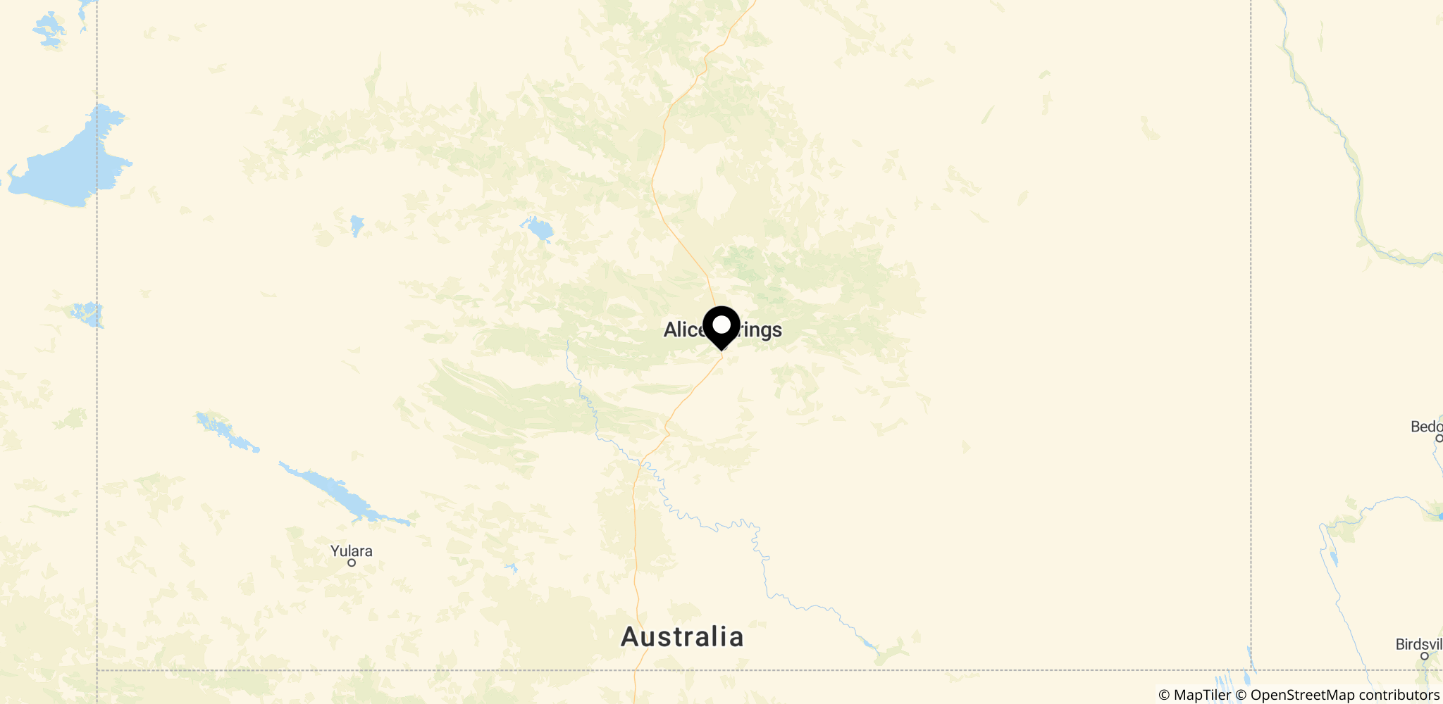 Kort, der viser Old Timers Camp og det omkringliggende bushland nær Alice Springs i Northern Territory, Australien