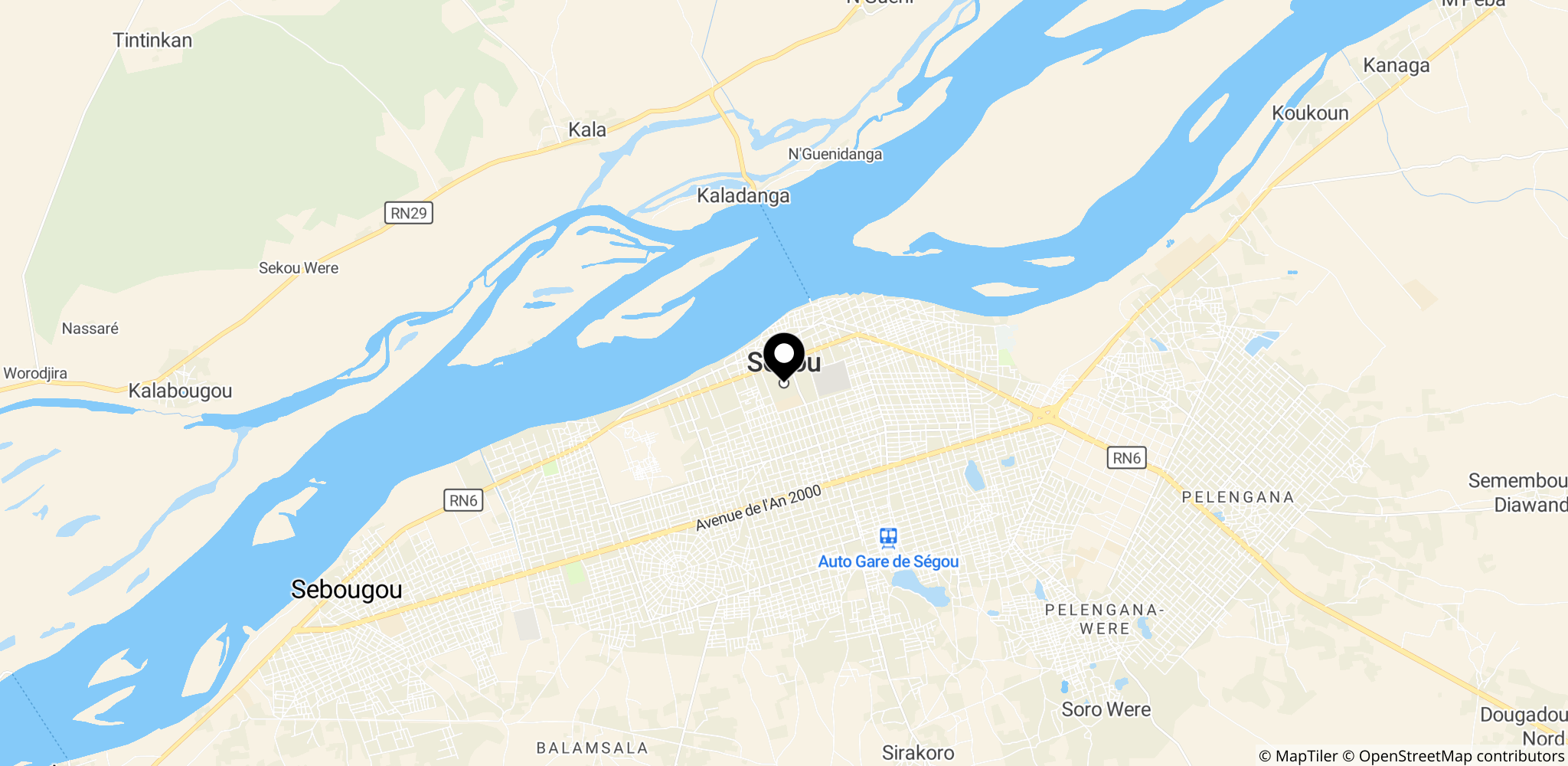 Ségou, cirka 130 kilometer fra Bamako, hvor trafikken også er gået i stå på grund af blokaden