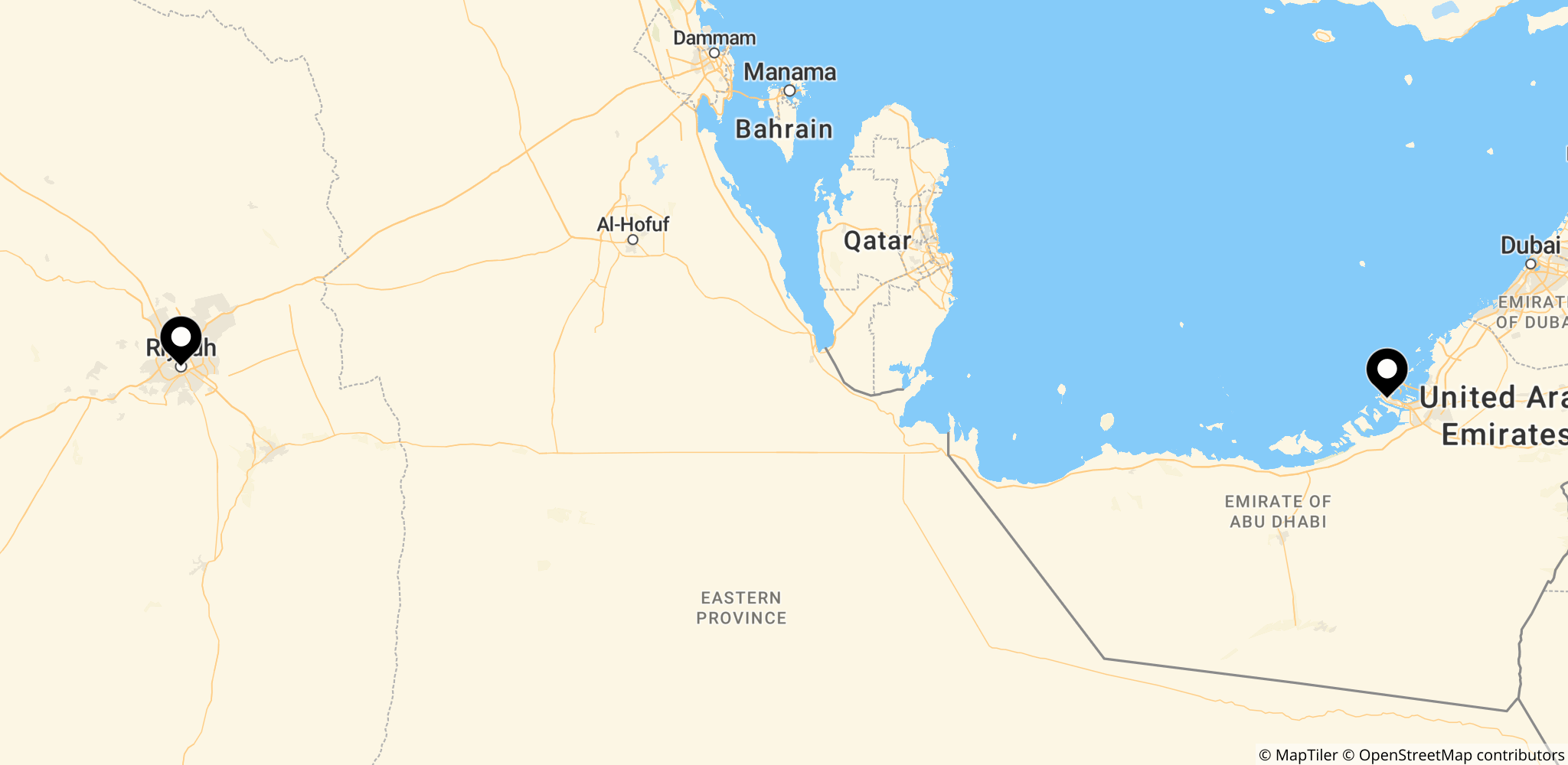 Kort over Abu Dhabi og Riyadh, der viser UAE's brud med OPEC og rivaliseringen med Saudi-Arabien