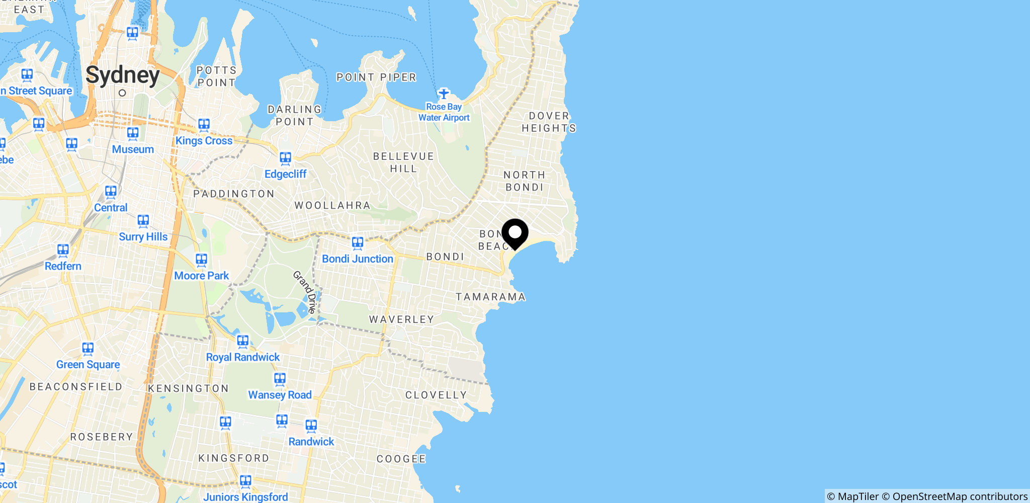 Bondi Beach-området i Sydney, New South Wales, Australien – stedet for angrebet og det omkringliggende byområde.