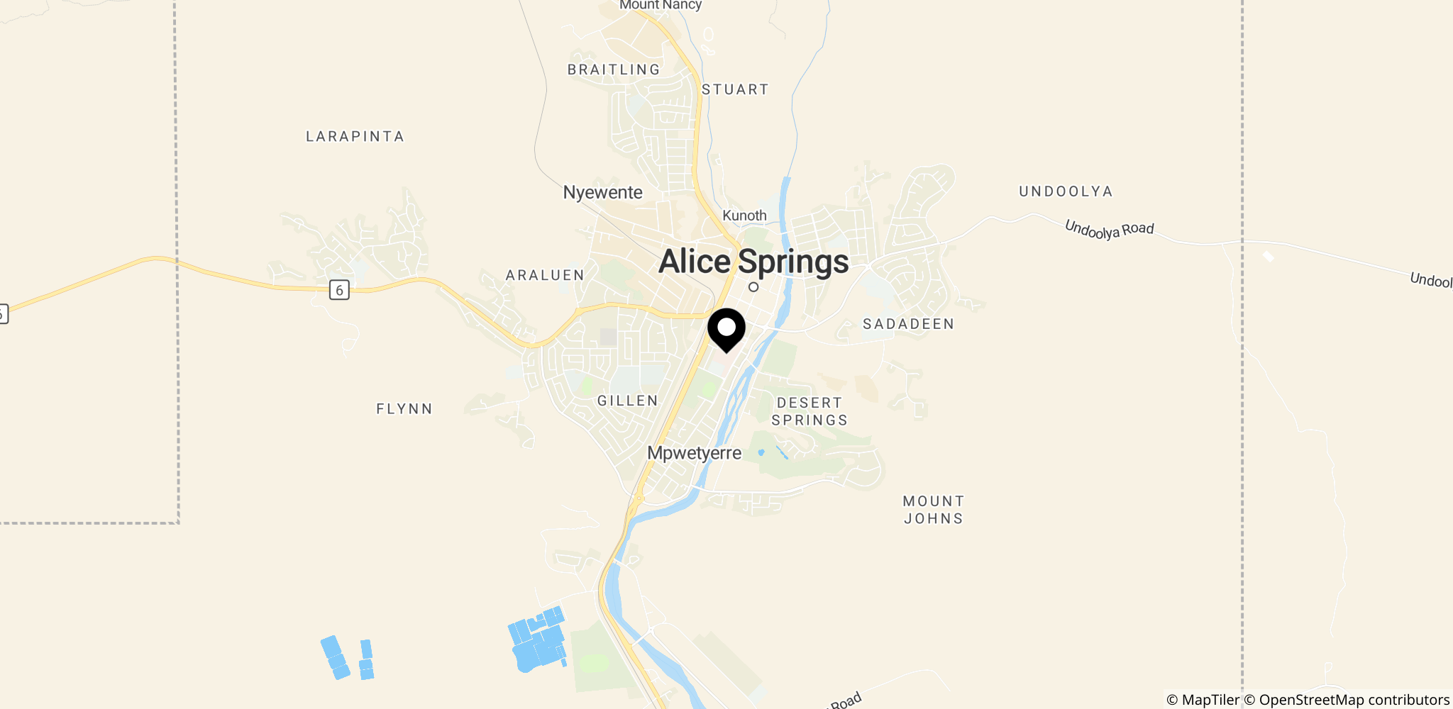 Placering af Alice Springs Hospital i forhold til byens centrum i Alice Springs