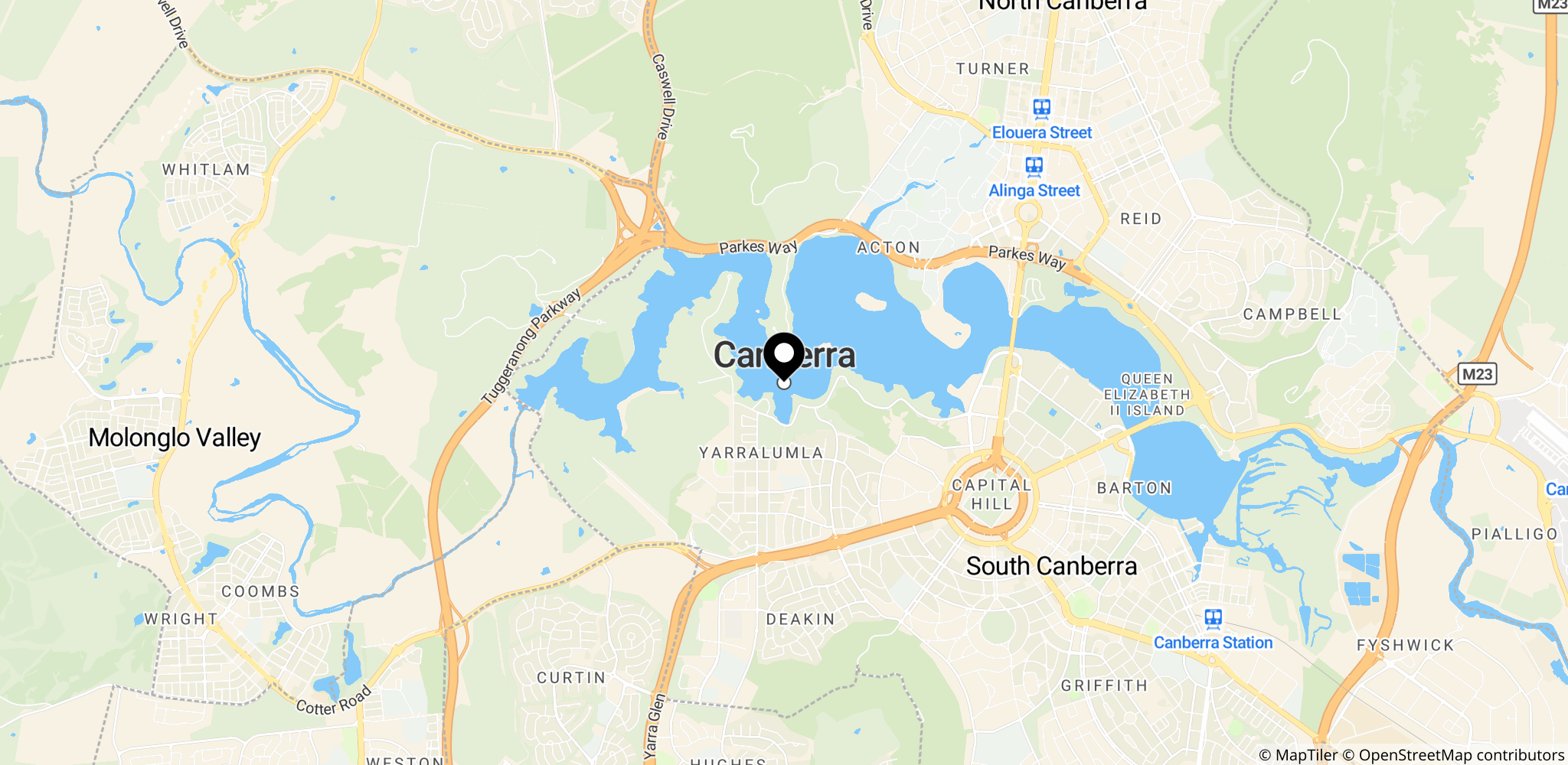 Canberra, hovedstaden i Australien, vist i forhold til resten af landet som kontekst for den føderale indsats