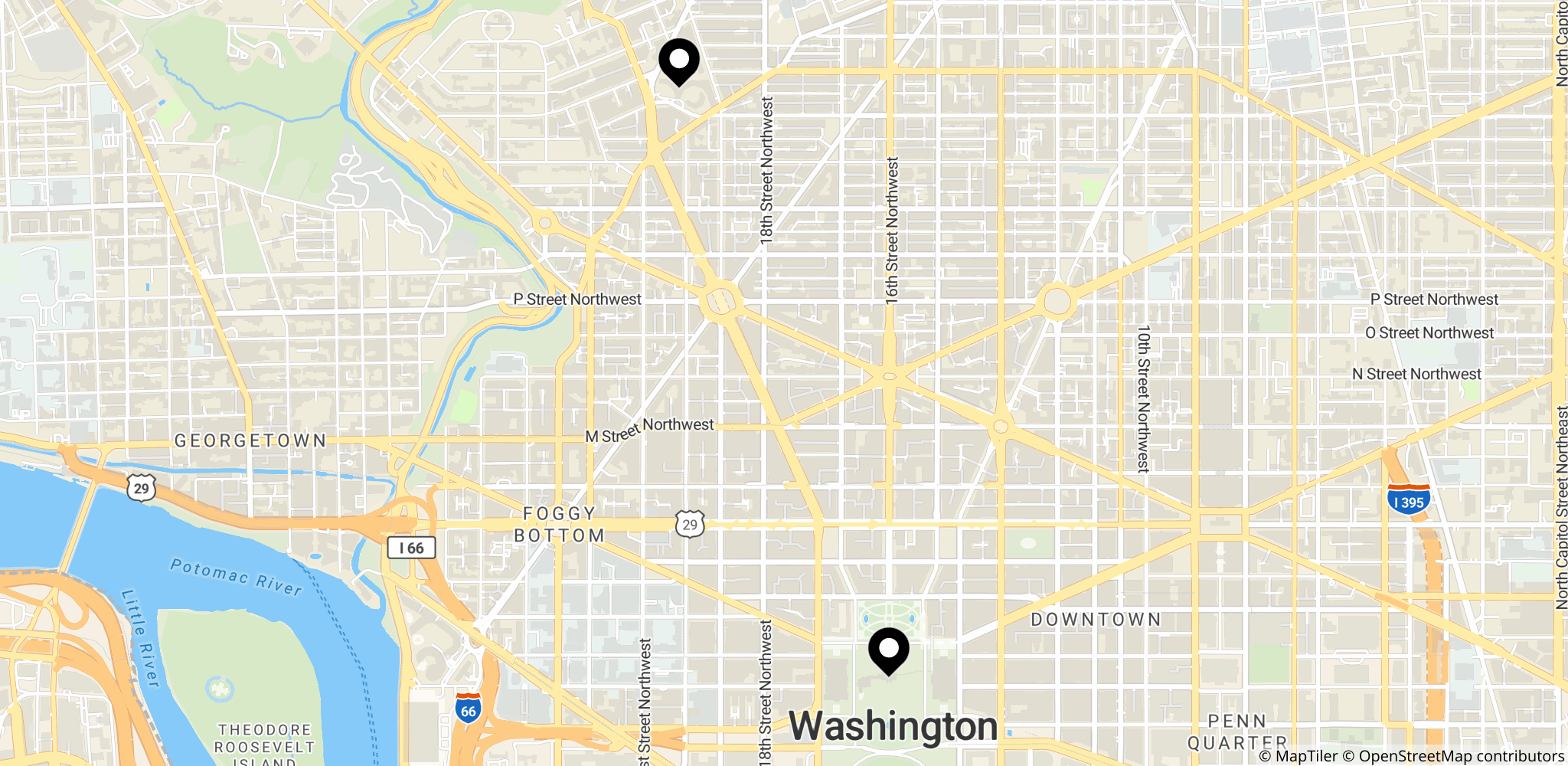 Kort over Washington Hilton i Washington, DC, der viser hotellets placering i forhold til sikkerhedszonen omkring WHCD.