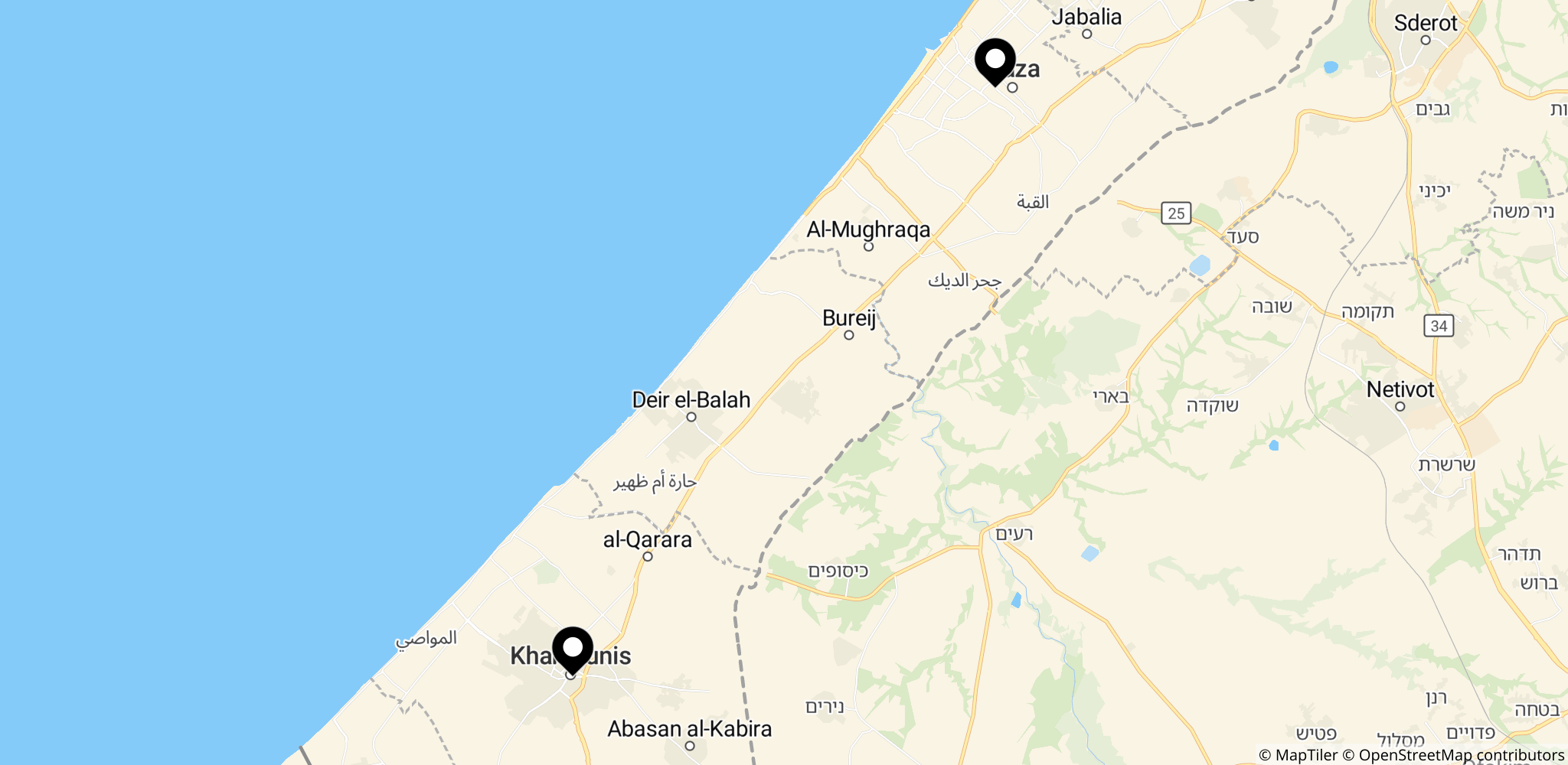 Områder i Gaza-striben hvor fordrevne opholder sig, herunder Al-Mawasi, Khan Younis og Gaza By