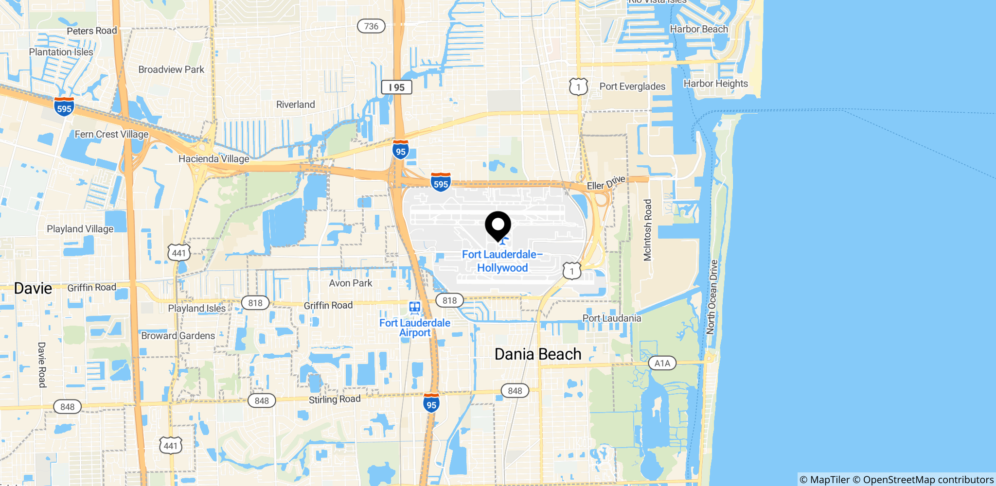 Et vigtigt knudepunkt for Spirit Airlines ved Fort Lauderdale–Hollywood International Airport (FLL) i Florida, USA.