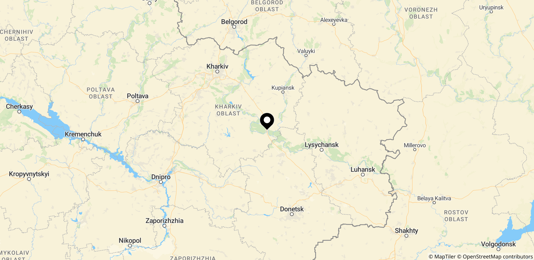 Kort der viser Izium og Svyatohirsk i Kharkiv-regionen i Øst-Ukraine, som illustrerer byens placering og forhold under invasionen i 2022.