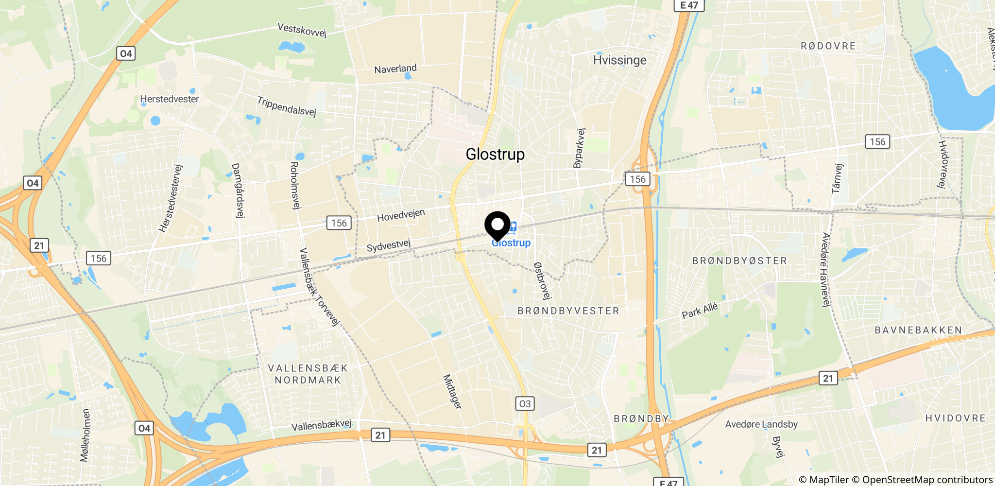 Kort over placeringen af Retten i Glostrup, hvor dommen blev afsagt i sagen om skjulte abonnementer.