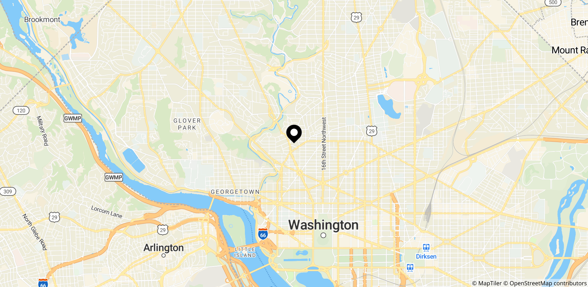 Kort over området omkring Washington Hilton i Washington, DC – stedet for skyderiet ved WHCD.