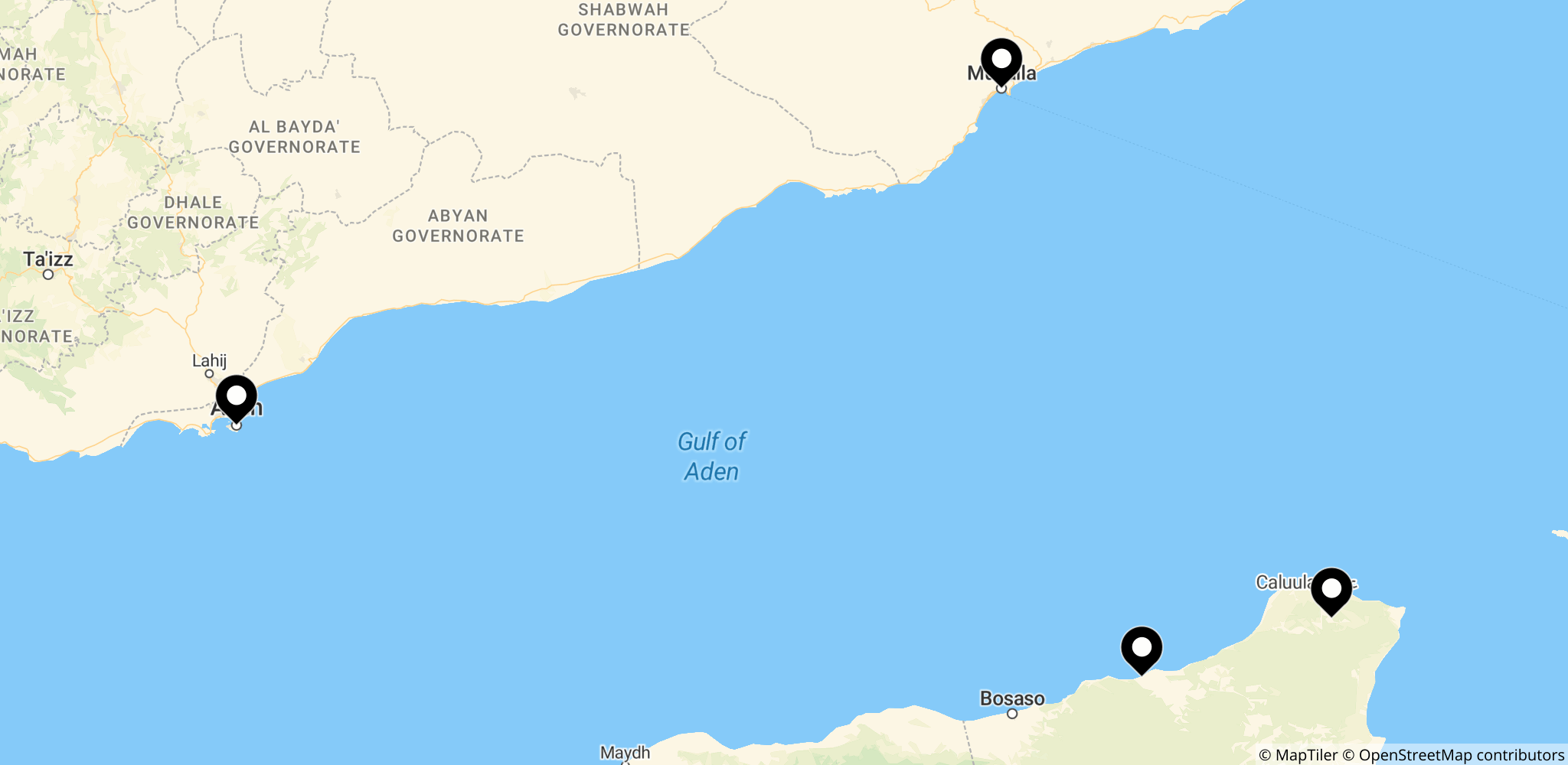 Området omkring Qana og Adenbugten ud for Yemen, hvor MT Eureka blev overtaget