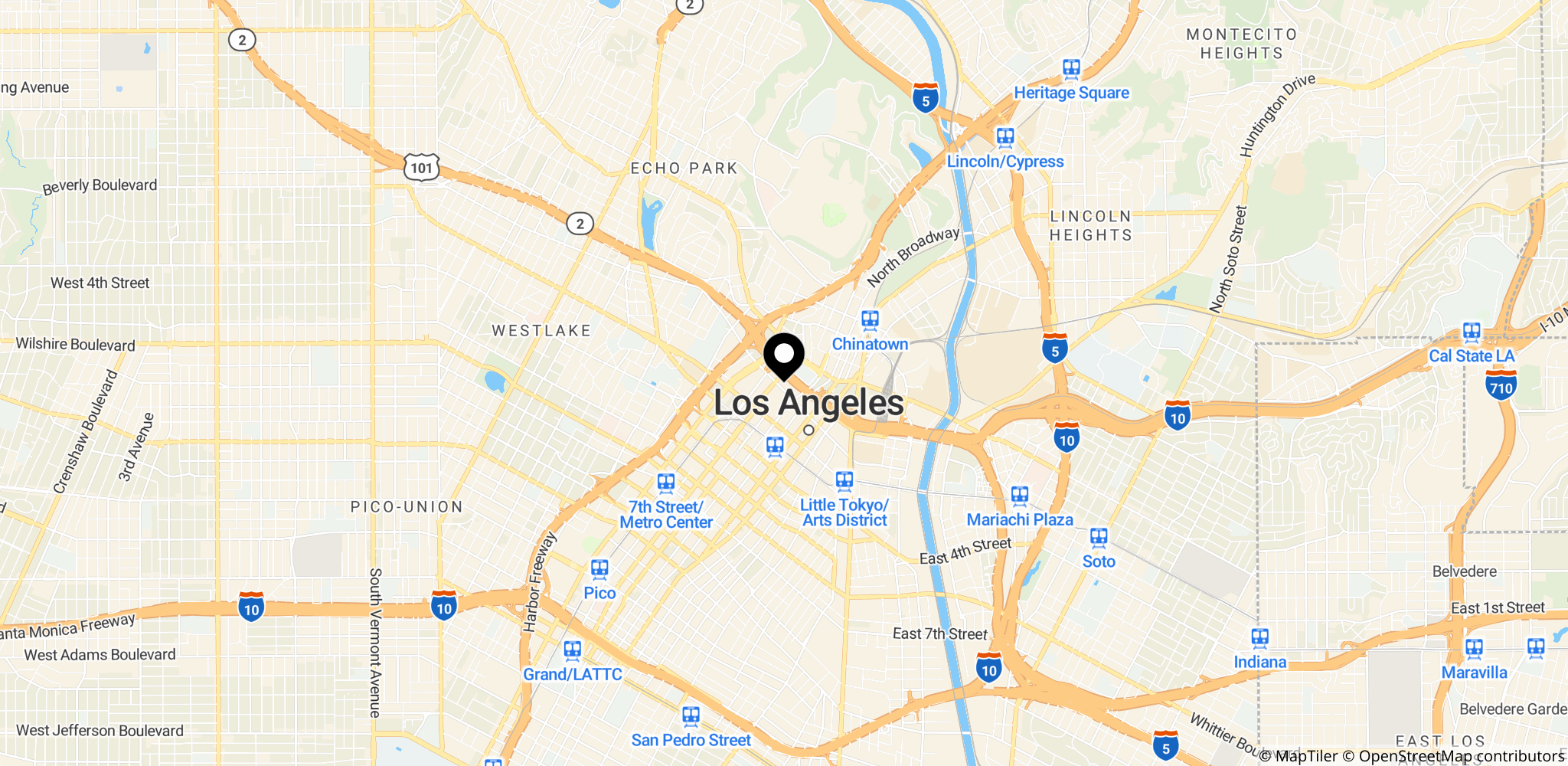 Placering af Cathedral of Our Lady of the Angels i det centrale Los Angeles, USA