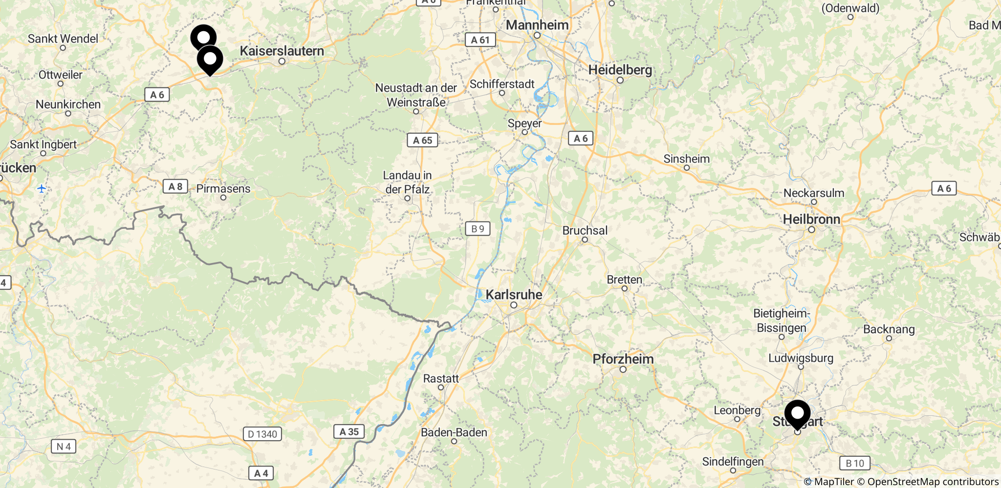 Kort over vigtige amerikanske baser i Tyskland nævnt i artiklen (Stuttgart, Ramstein og Landstuhl).