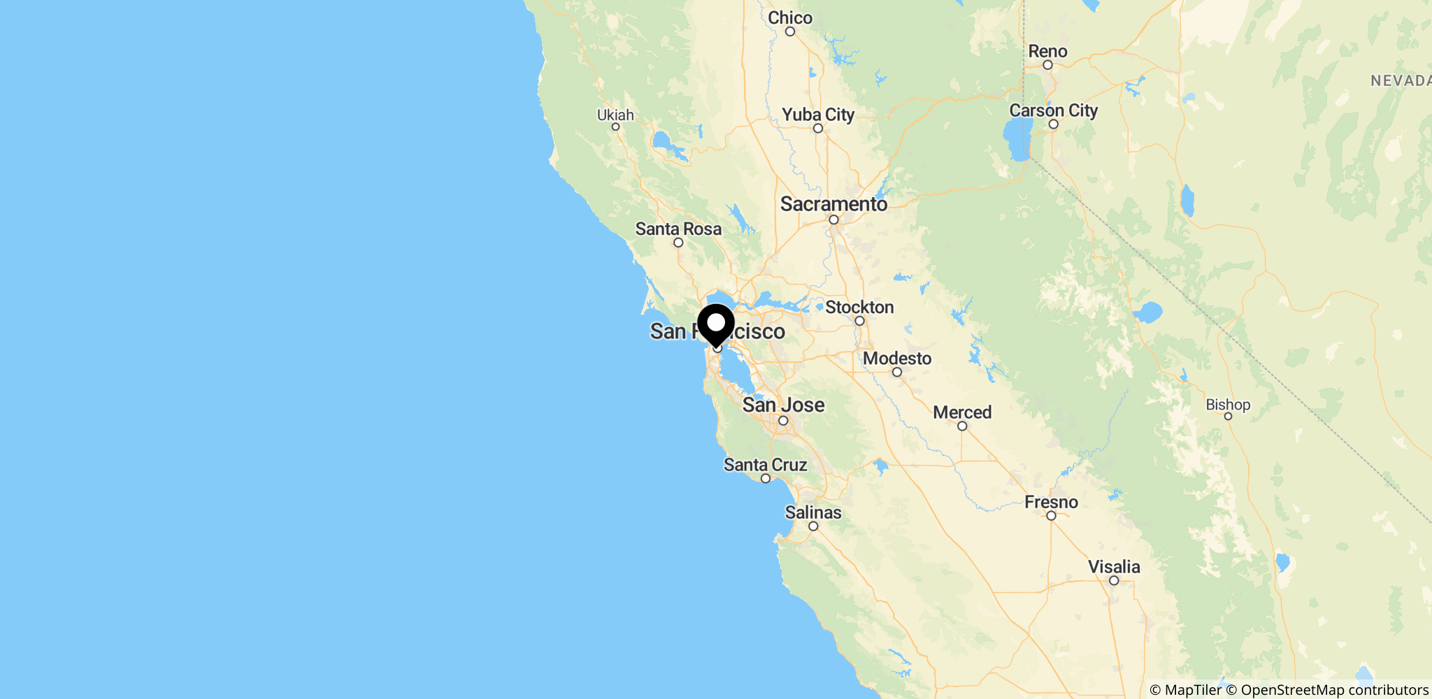 Kort over San Francisco, Los Angeles og San Bruno i Californien, steder nævnt i historien om regulering af autonome køretøjer.