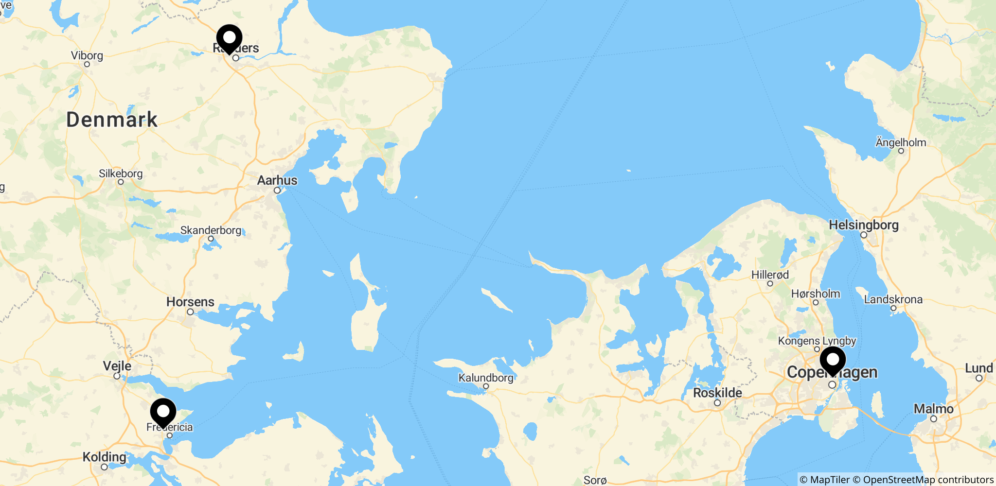 Positionskort over Fredericia Stadion i Fredericia, København og Randers i Danmark