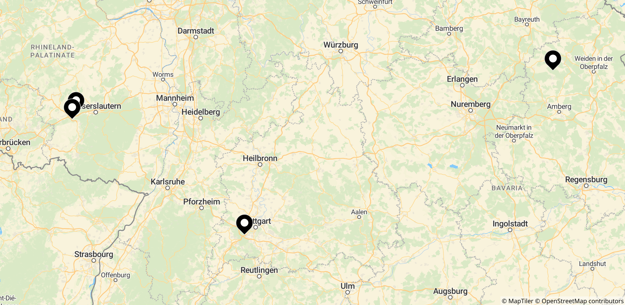Kort over placering af udvalgte amerikanske baser og træningsområder i Tyskland: Ramstein, Landstuhl, Stuttgart, Grafenwöhr og Hohenfels.