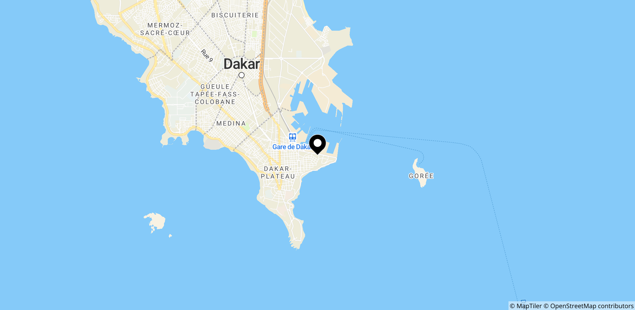 Vestkysten af Vestafrika med Dakar som et centralt omladningspunkt i kokainruten til Europa.