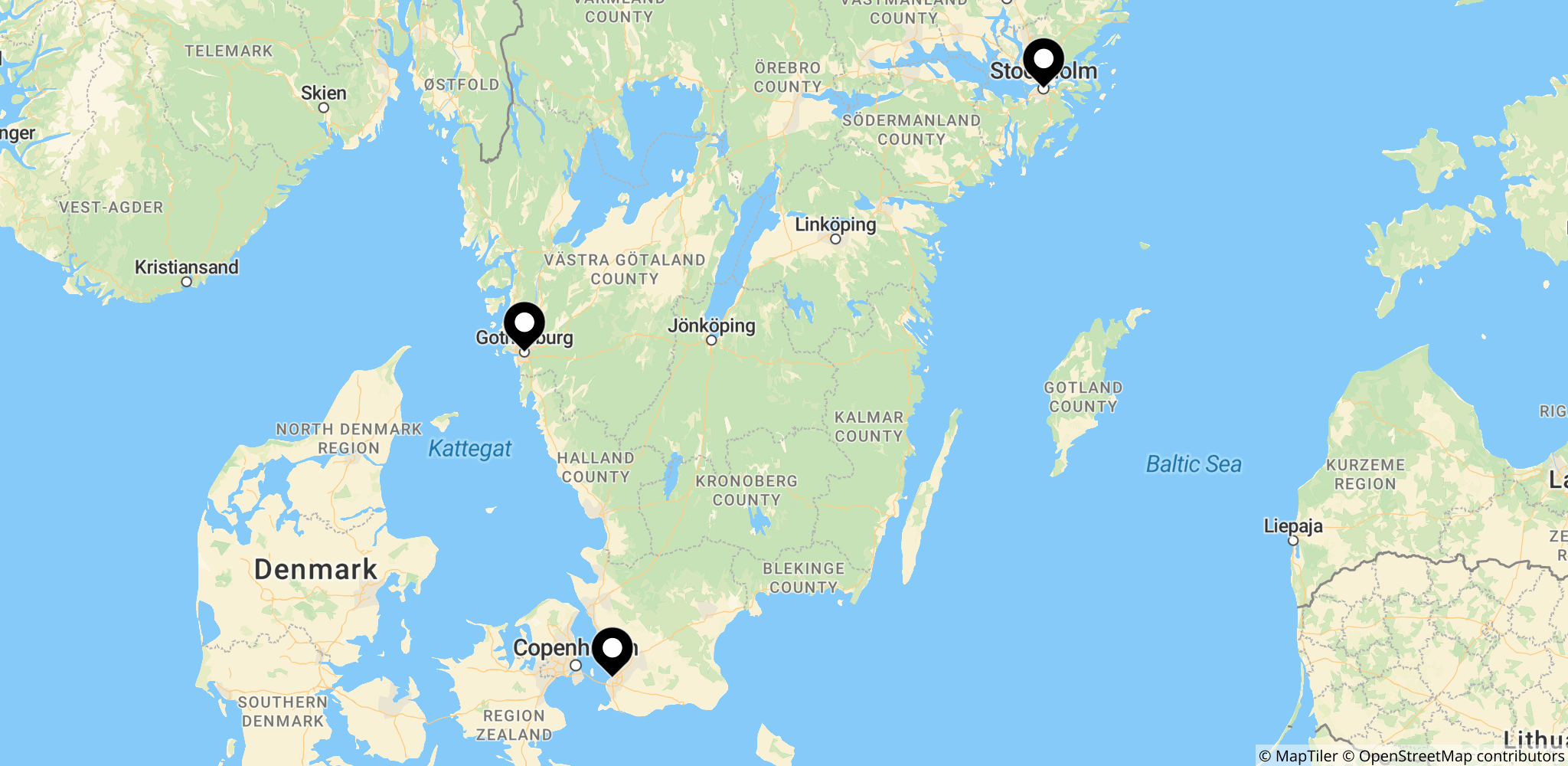 Kort over Malmö, Stockholm og Göteborg, der viser de vigtigste knudepunkter i det svenske bandevoldslandskab.