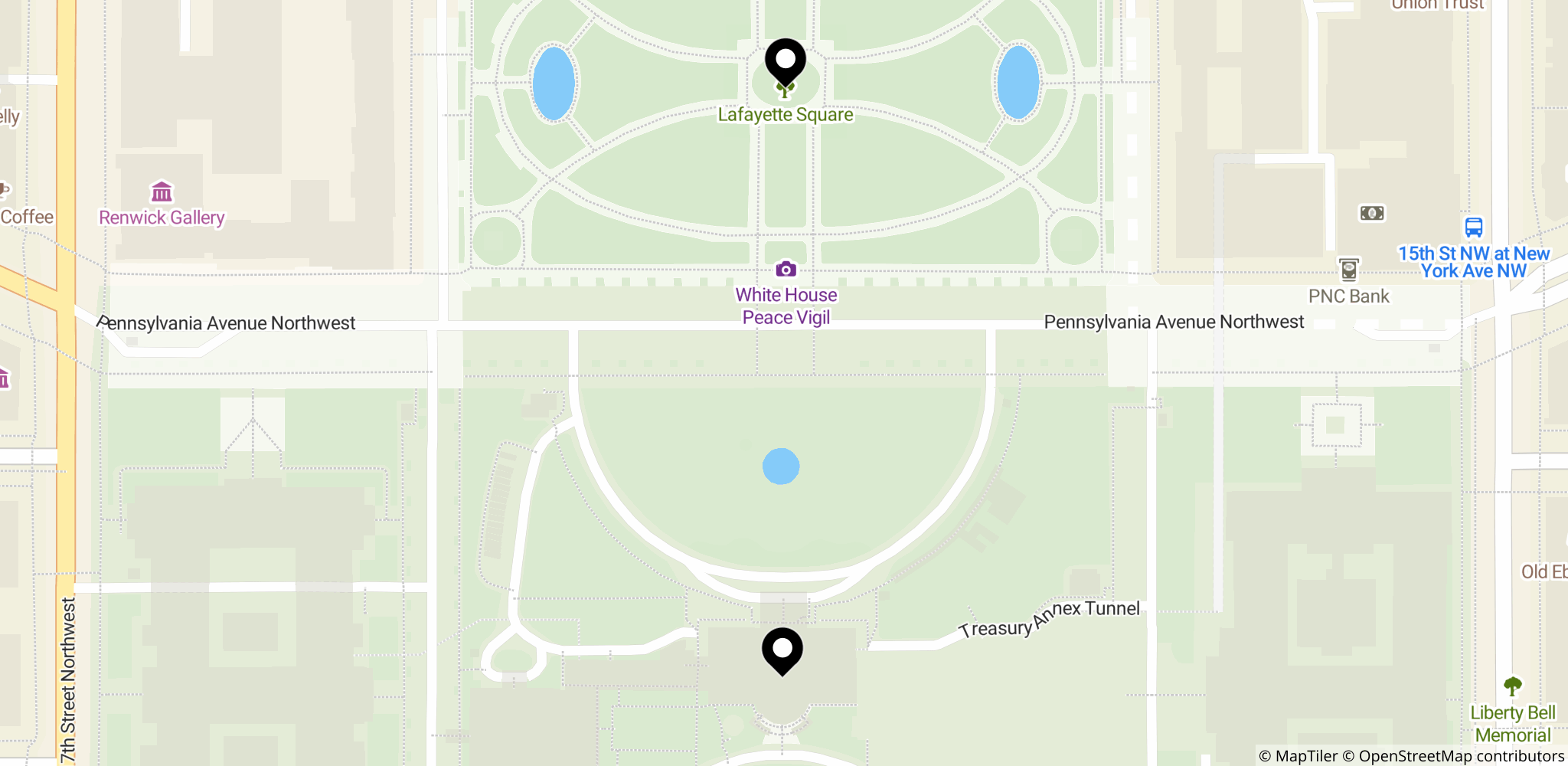 Området omkring Det Hvide Hus i Washington, DC, med markering af Det Hvide Hus og Lafayette Square tæt på hændelsen