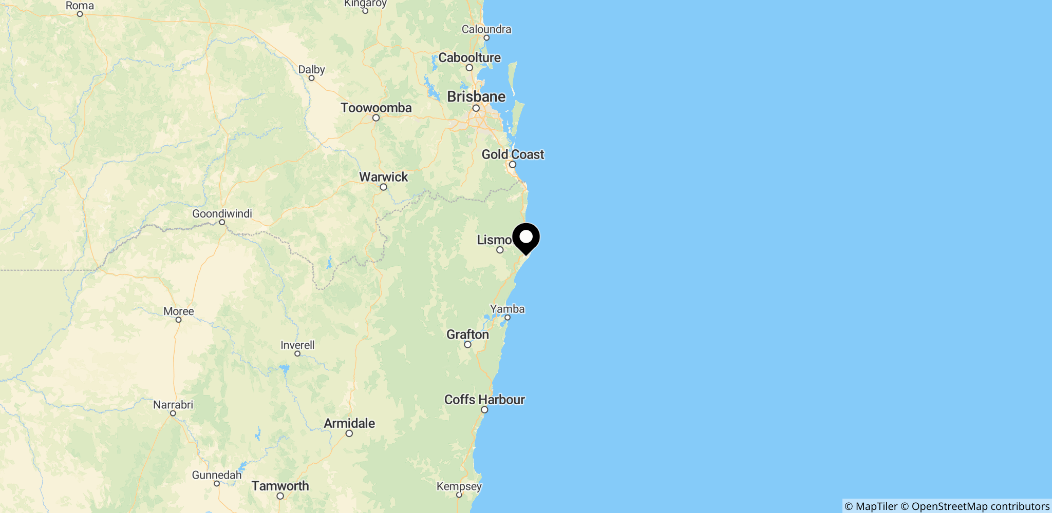 Området omkring Ballina Bar ved South Ballina, tæt ved grænsen mellem New South Wales og Queensland