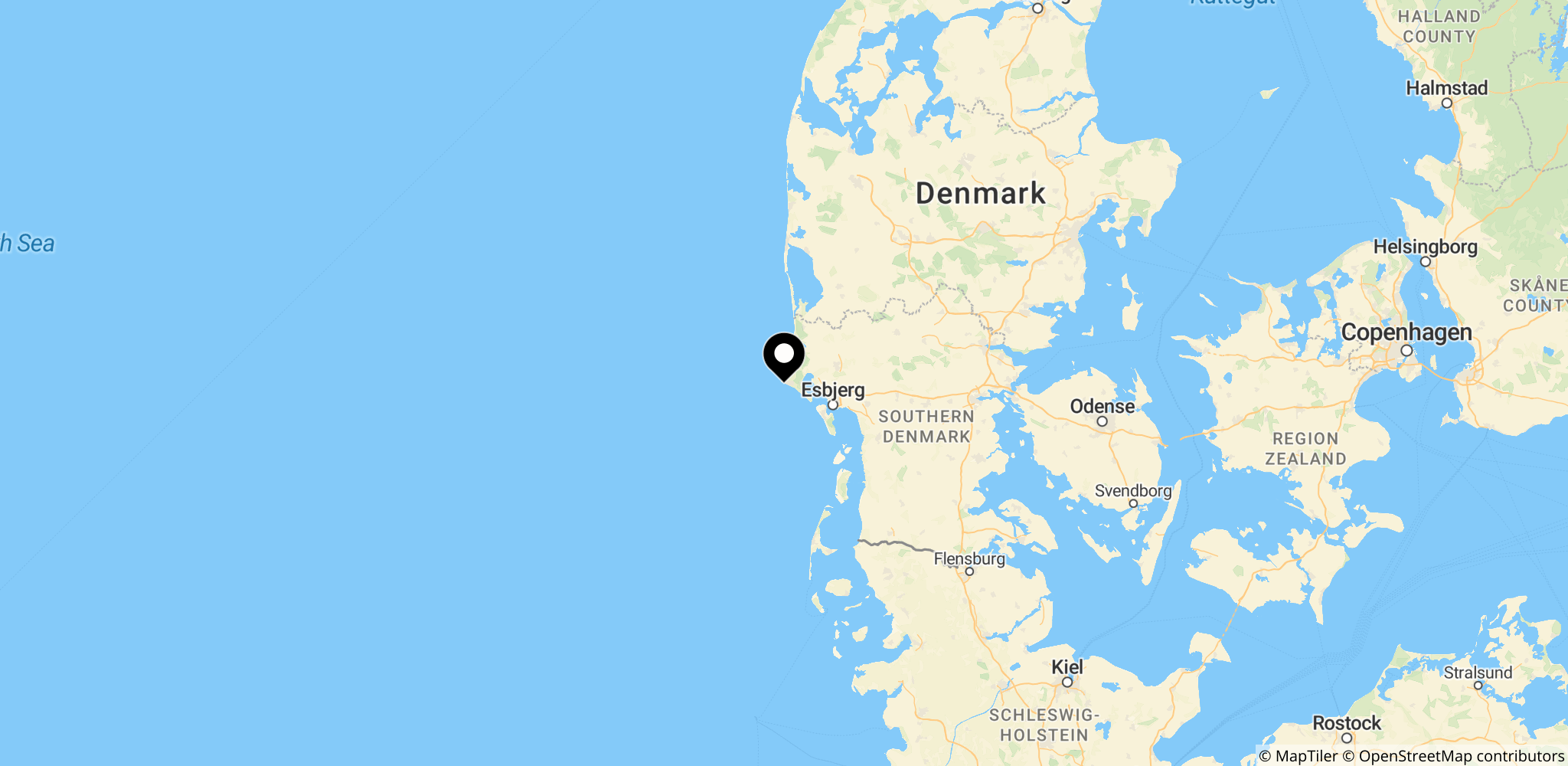 Blåvand i Varde Kommune, hvor en ulv blev set tæt på en kvinde i februar